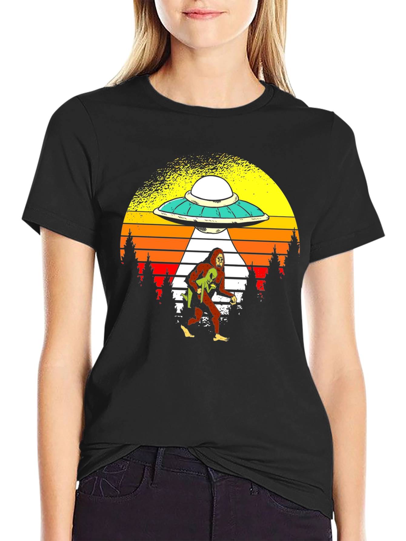 Black Bigfoot Alien Abduction Graphic Tee view 2