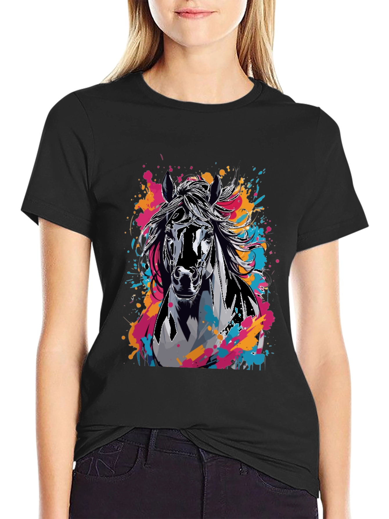 Black Horse Graphic T-Shirt - Colorful Animal Print Tee view 2