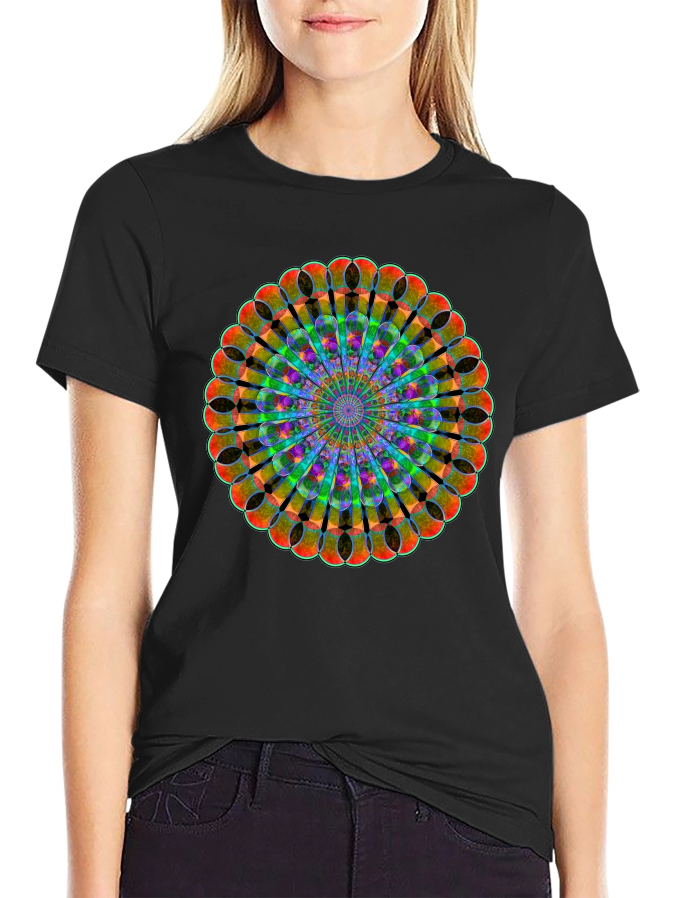 Black Kaleidoscope Mandala Black T-Shirt view 2