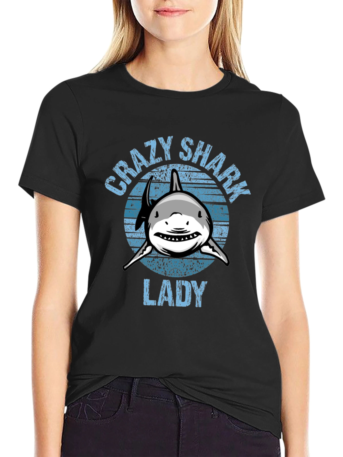 Black Crazy Shark Lady Graphic T-Shirt - Black view 2