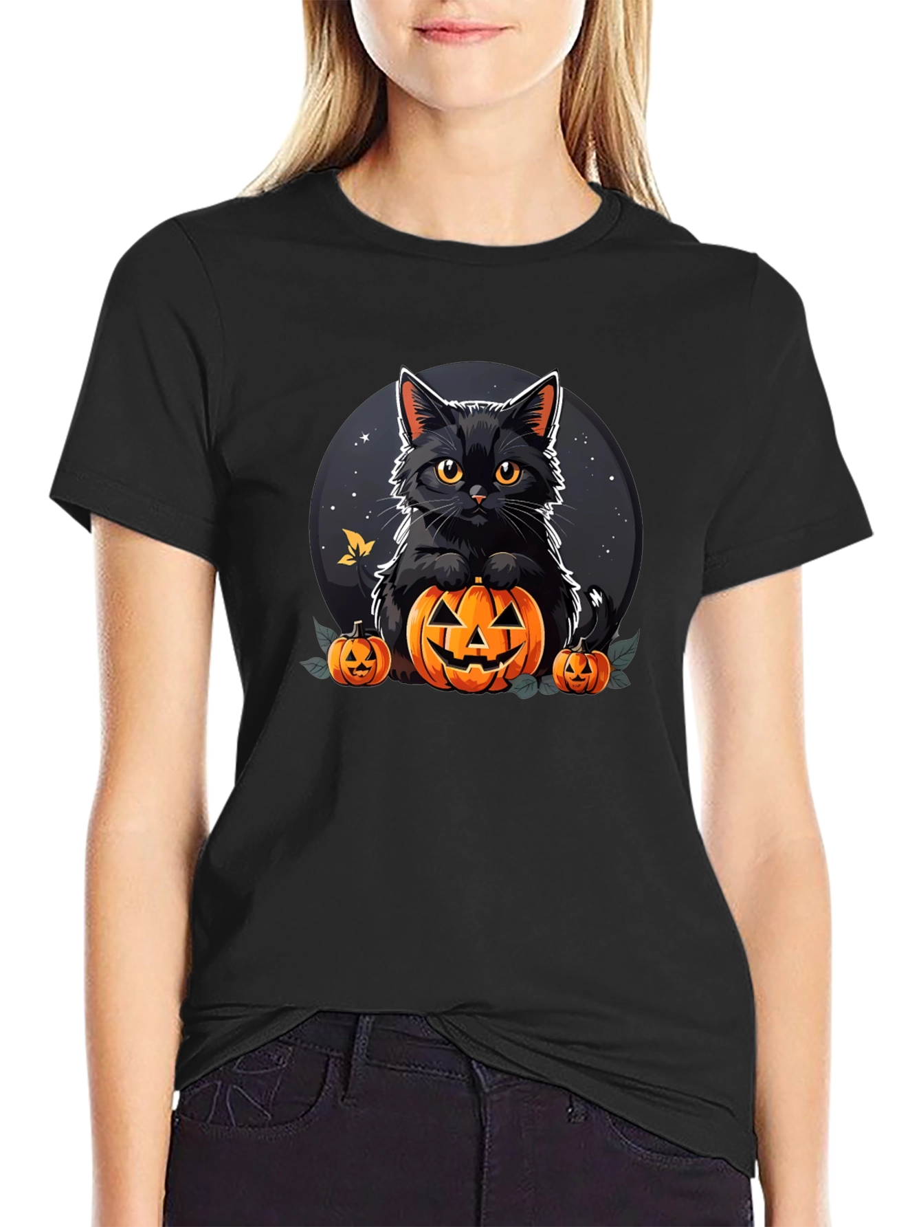 Black Halloween Cat Pumpkin T-Shirt view 2