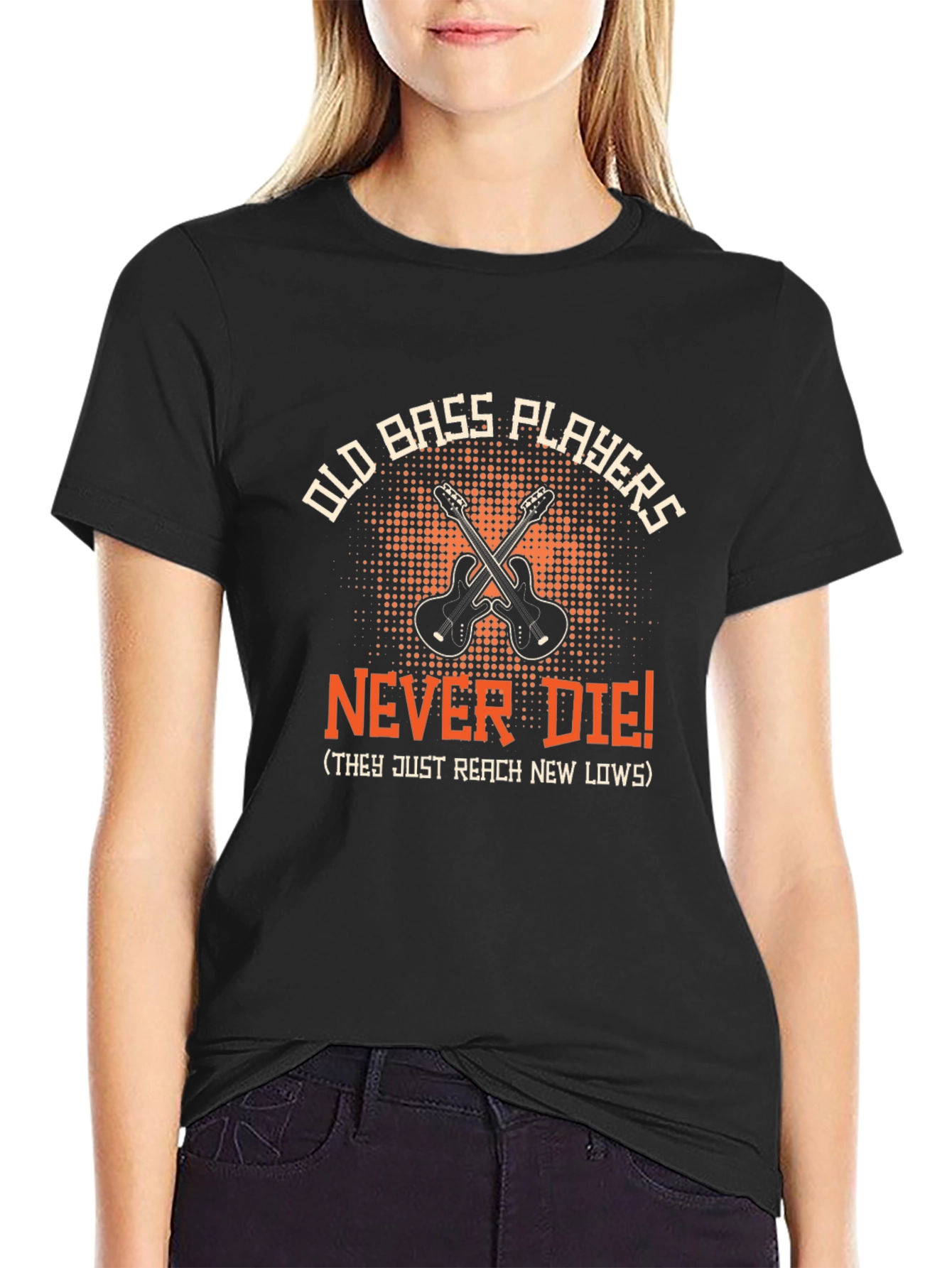 Black Old Bass Players Never Die Funny Music T-Shirt view 2