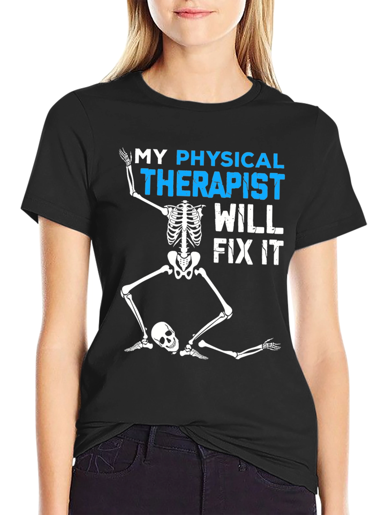 Black Funny Physical Therapist Skeleton T-Shirt view 2