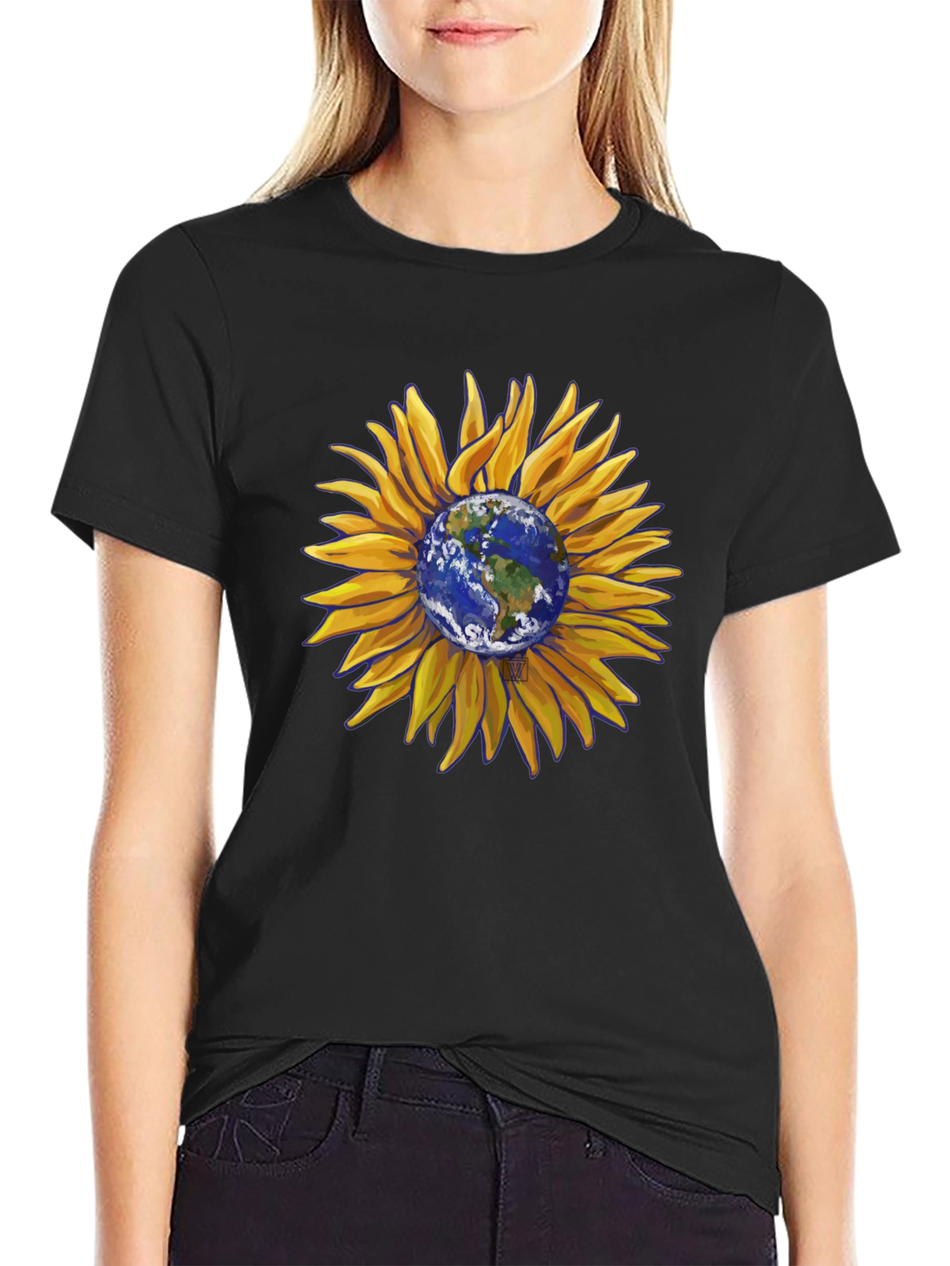 Black Sunflower Earth Graphic T-Shirt - Black Cotton Blend view 2