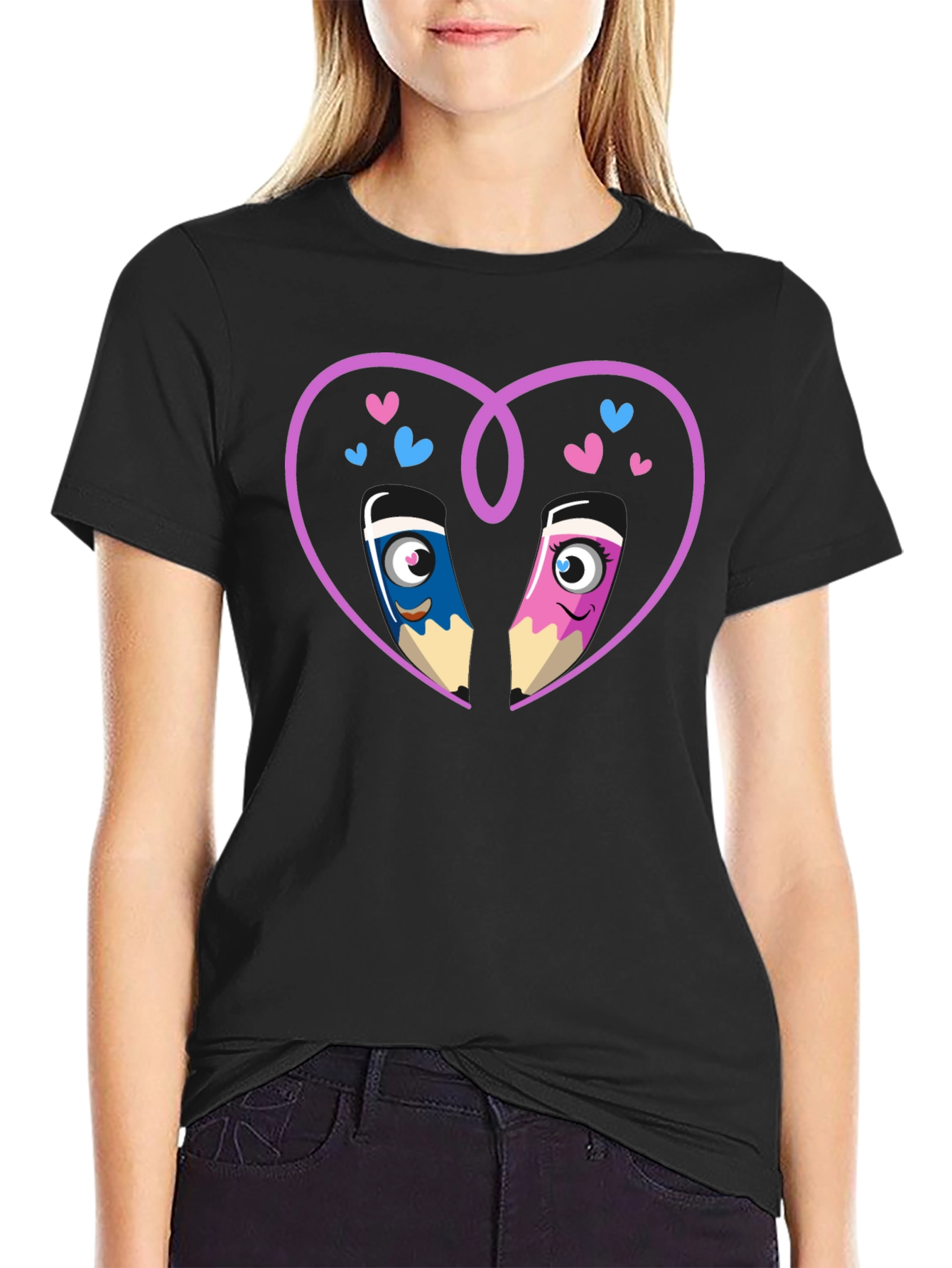 Black Cartoon Pencil Heart Graphic Tee view 2