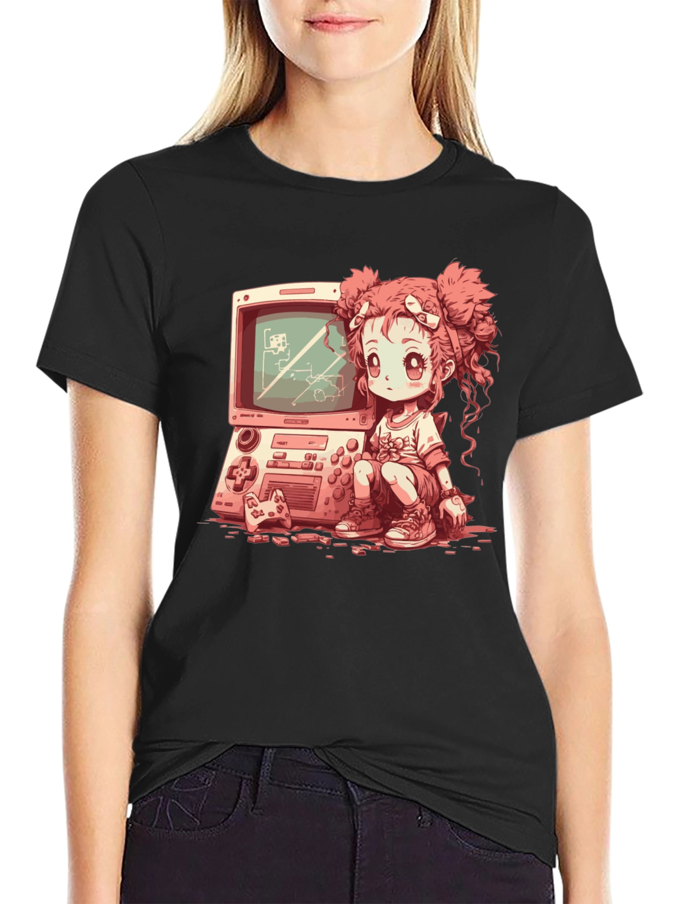 Black Retro Gamer Girl Black T-Shirt view 2