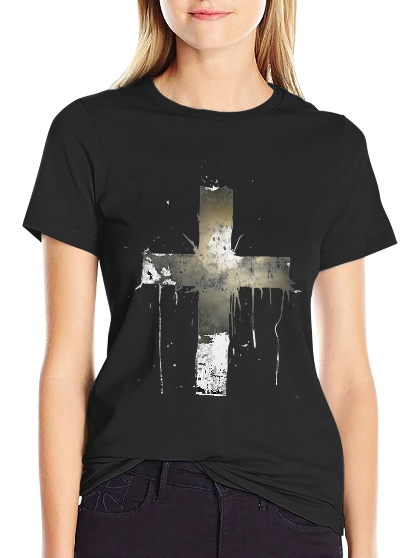 Black Grunge Cross Graphic Black T-Shirt view 2