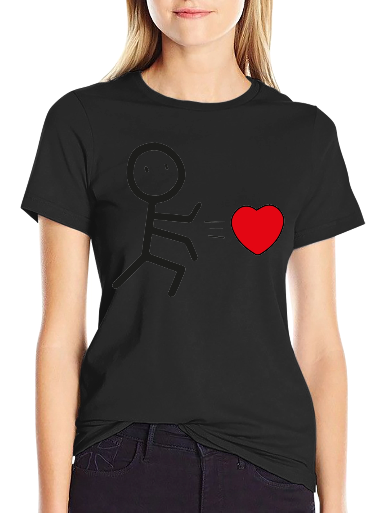 Black Stick Figure Chasing Heart Graphic Tee - Black view 2