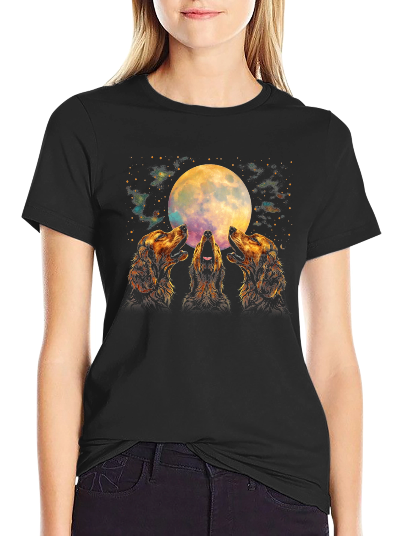Howling Dogs Moon T-Shirt - Black Graphic Tee - 2