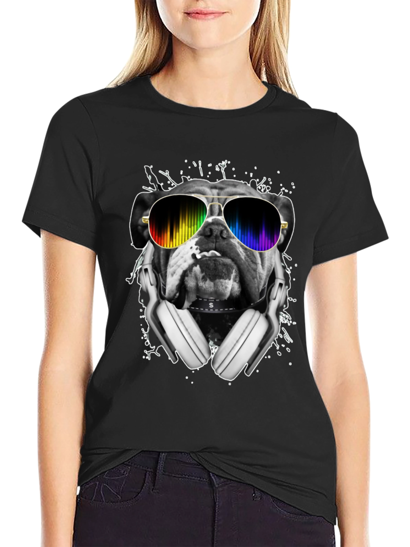 Black Bulldog DJ T-Shirt - Rainbow Glasses & Headphones view 2