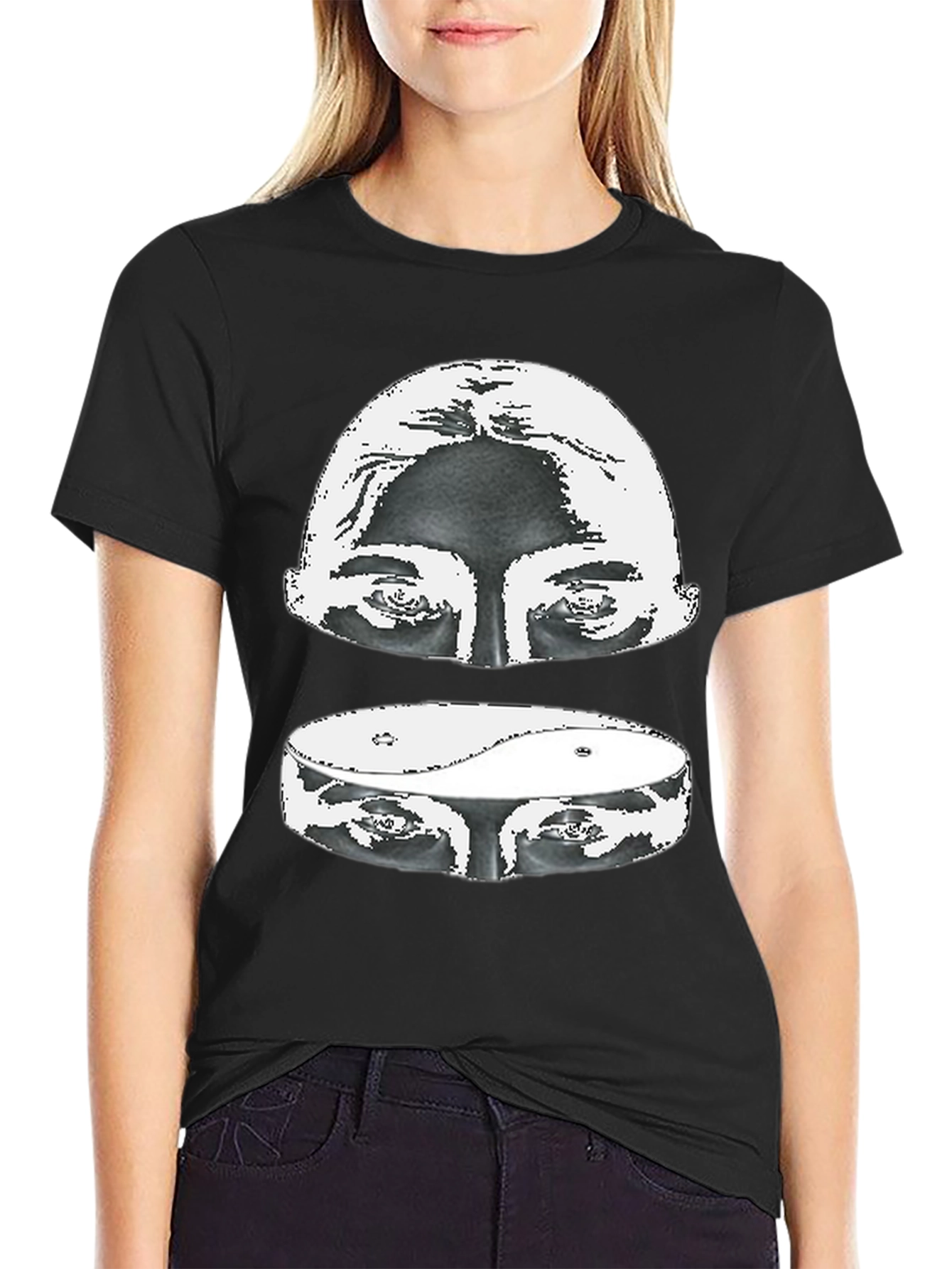 Black Yin Yang Eyes Graphic Print Black T-Shirt view 2