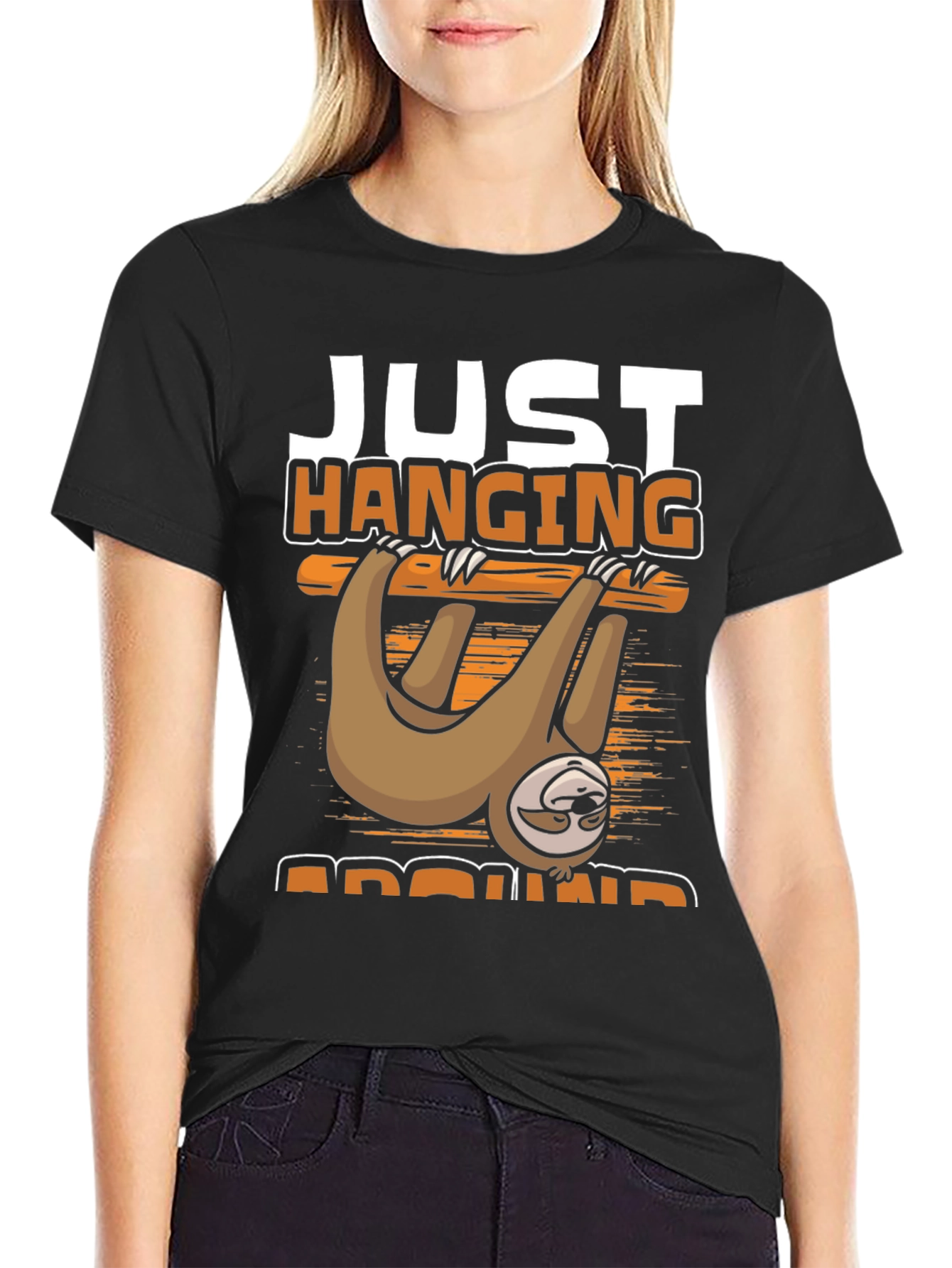 Black Just Hanging Around Sloth T-Shirt view 2