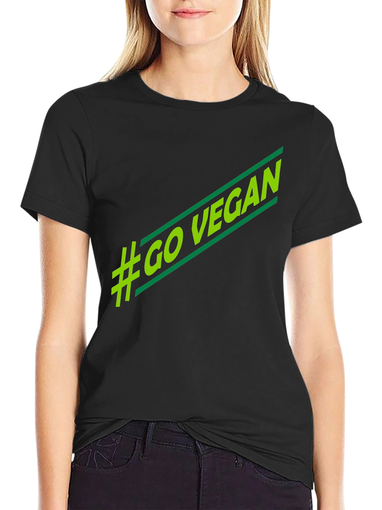 Black #Go Vegan T-Shirt - Stylish Green Graphic Tee view 2