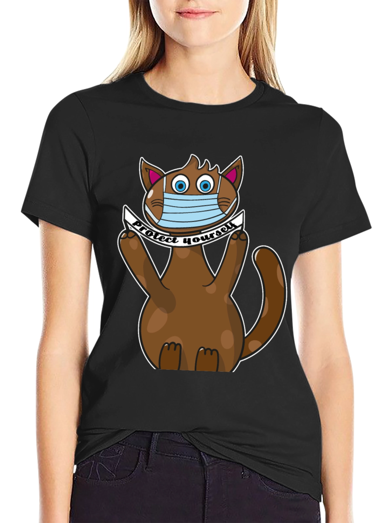 Black Protect Yourself Cat T-Shirt view 2