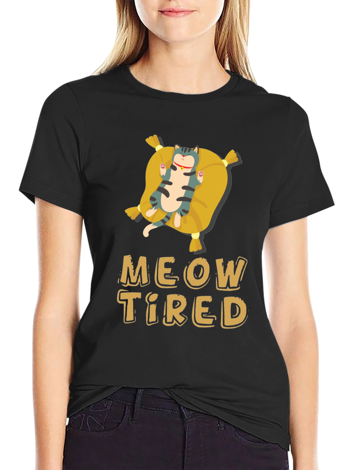Black Meow Tired Cat Pillow T-Shirt - Relaxed Fit view 2