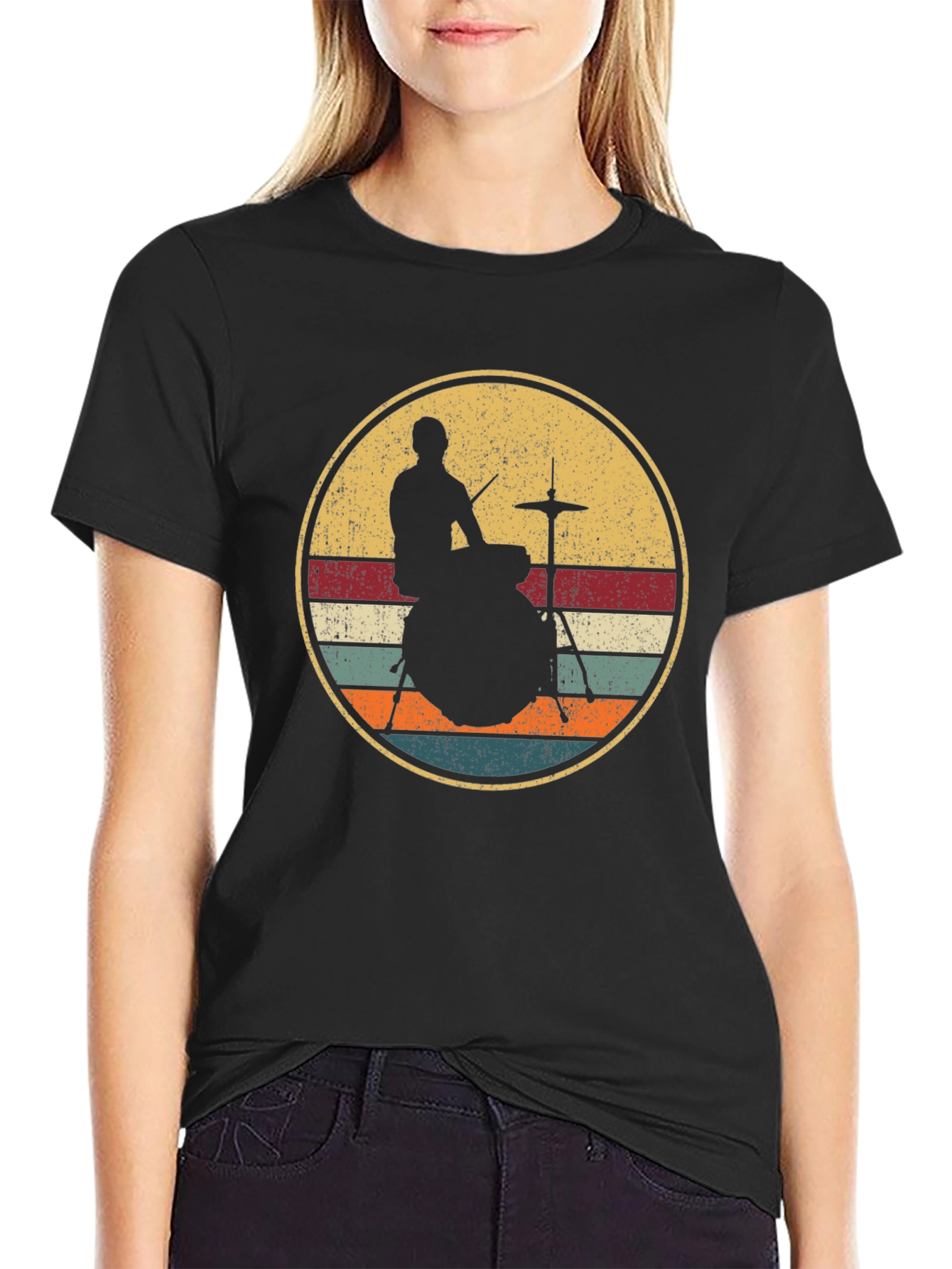 Black Retro Drummer Silhouette T-Shirt view 2
