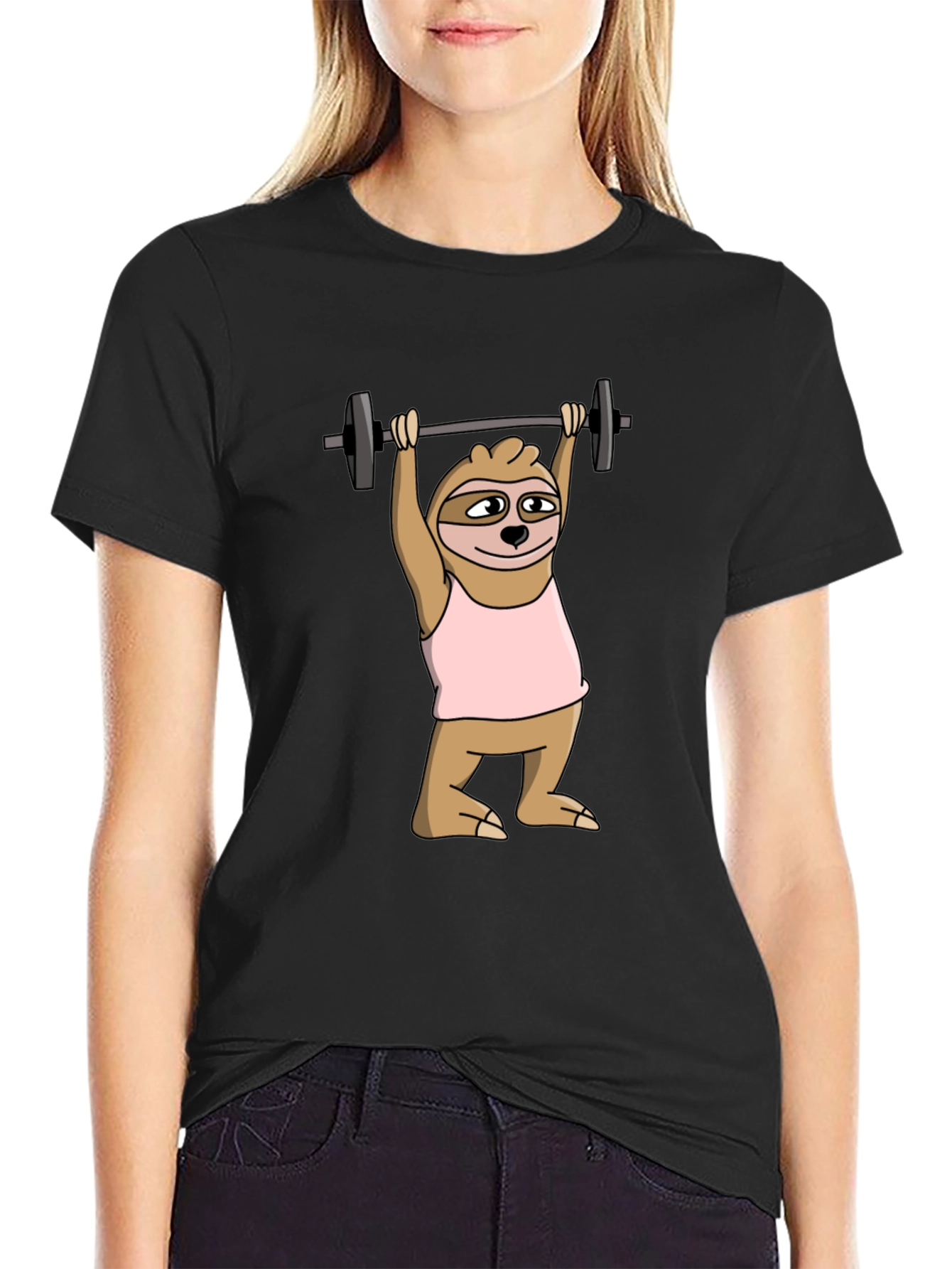 Black Sloth Lifting Weights Graphic Tee - Funny Workout Shirt view 2
