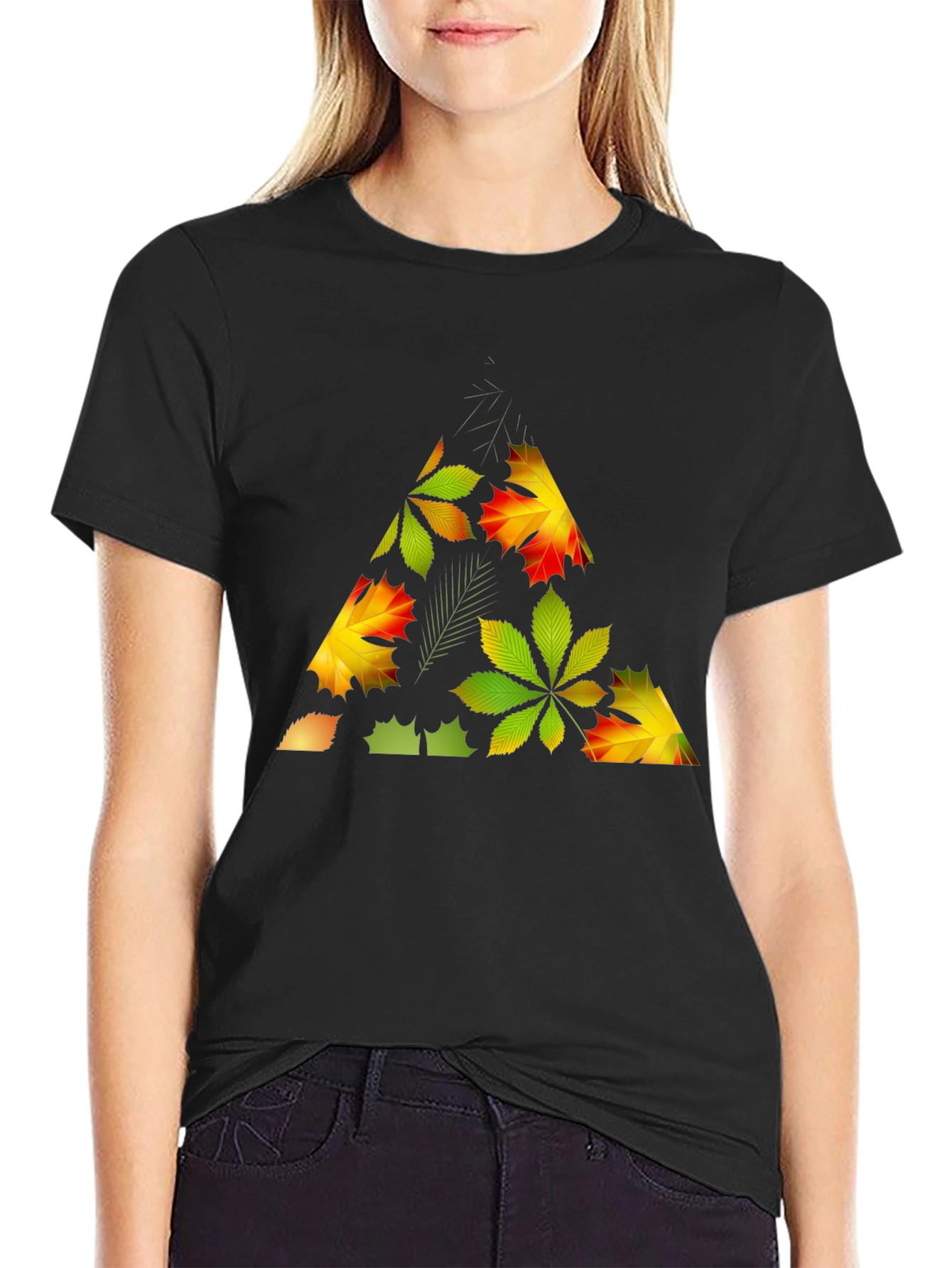 Black Autumn Leaf Triangle Black T-Shirt view 2