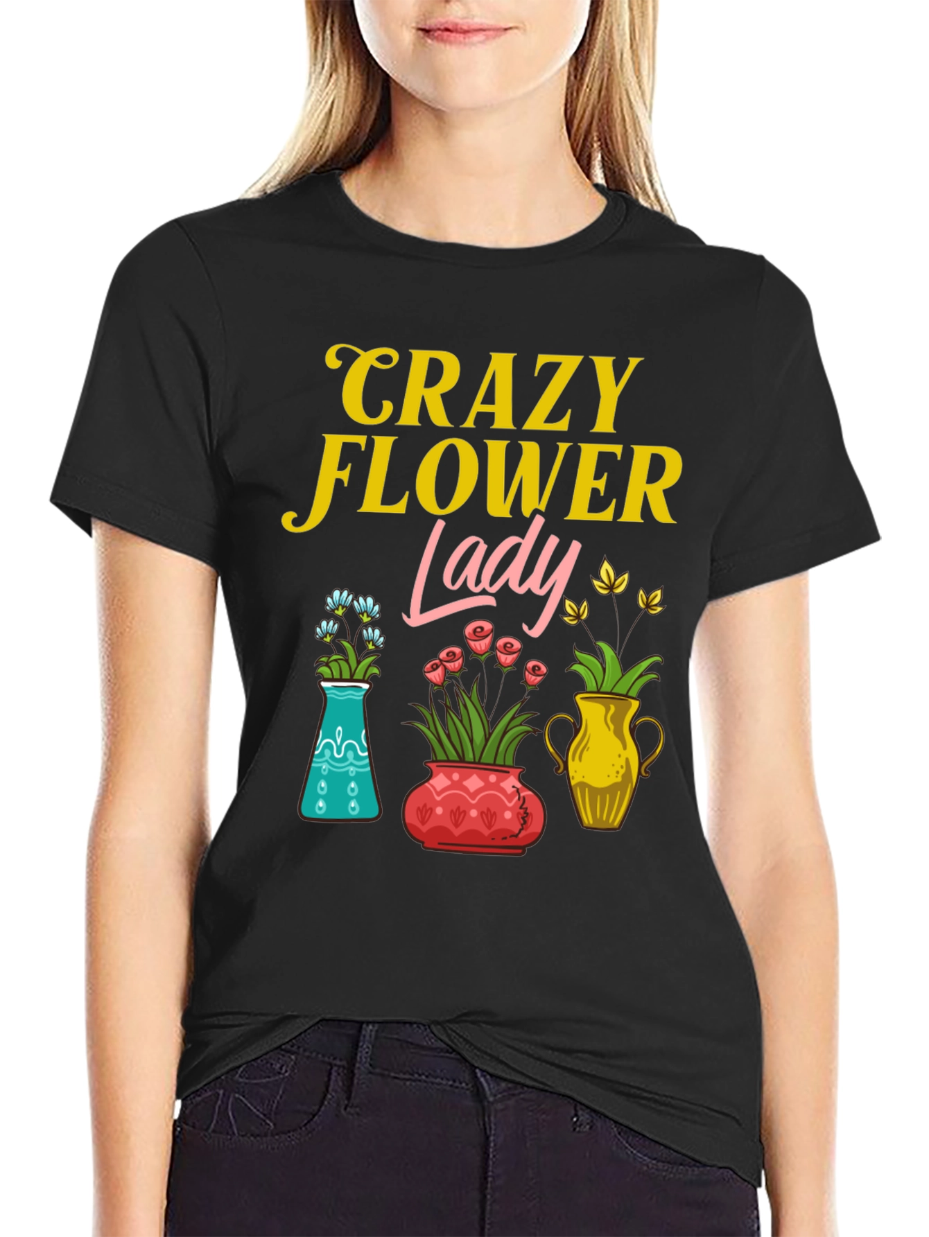 Black Crazy Flower Lady Graphic T-Shirt view 2