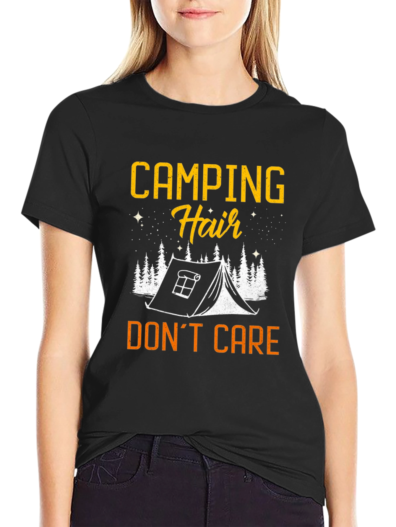 Black Camping Hair Don't Care Black Graphic Tee view 2