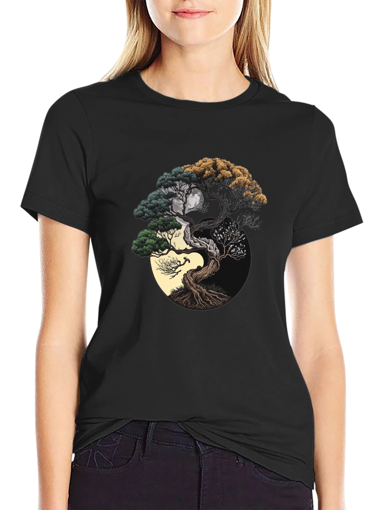 Black Yin Yang Bonsai Tree Graphic Tee - Unisex Black T-Shirt view 2
