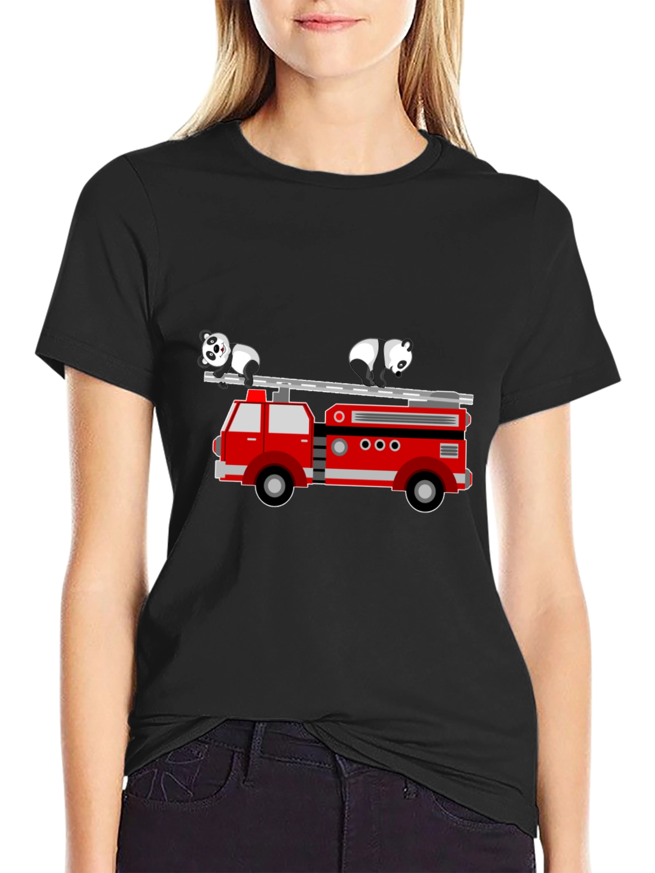 Black Panda Firetruck Graphic Tee - Soft Cotton Blend view 2