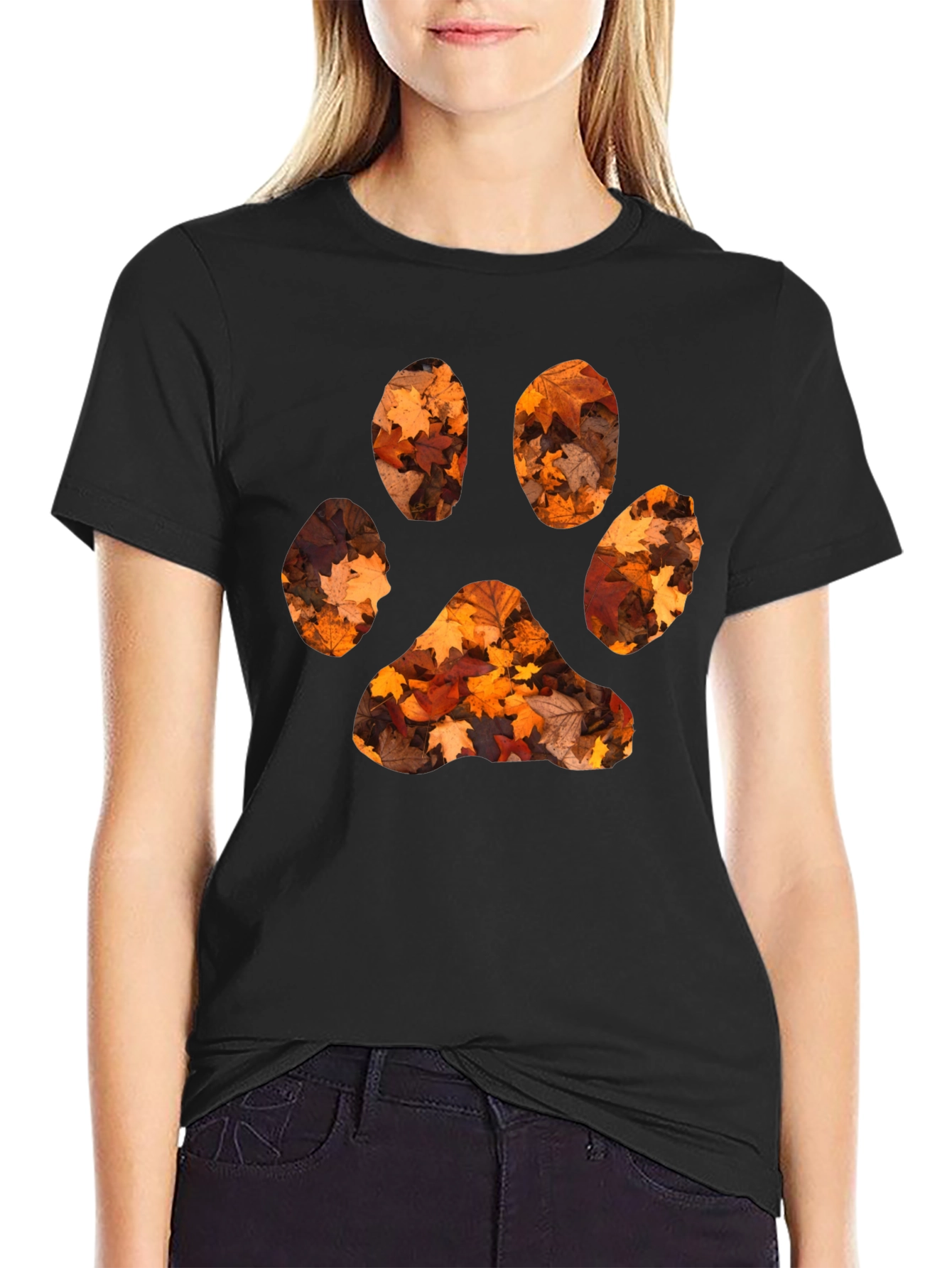 Black Fall Leaves Paw Print Black T-Shirt view 2