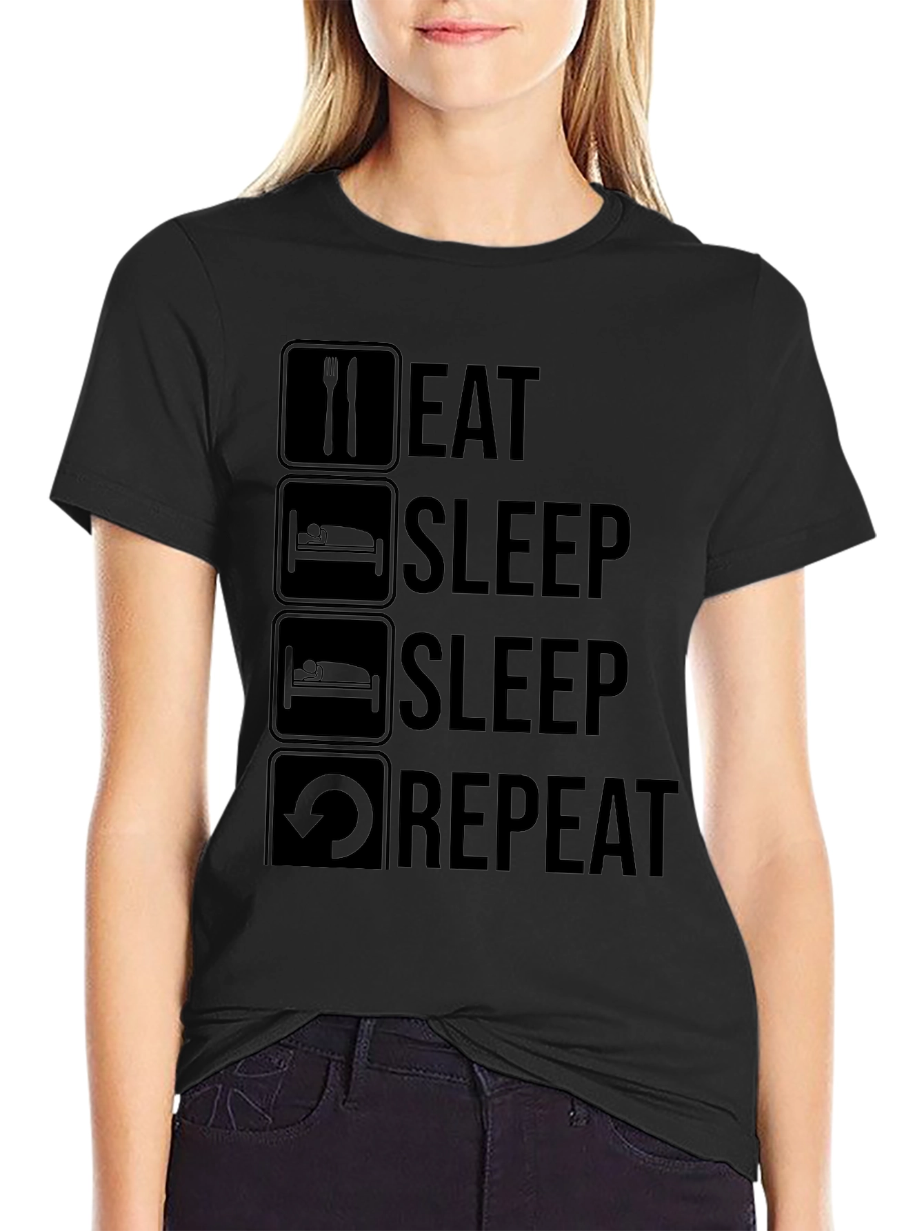 Black Eat Sleep Repeat Graphic Tee - Black Crew Neck T-Shirt view 2
