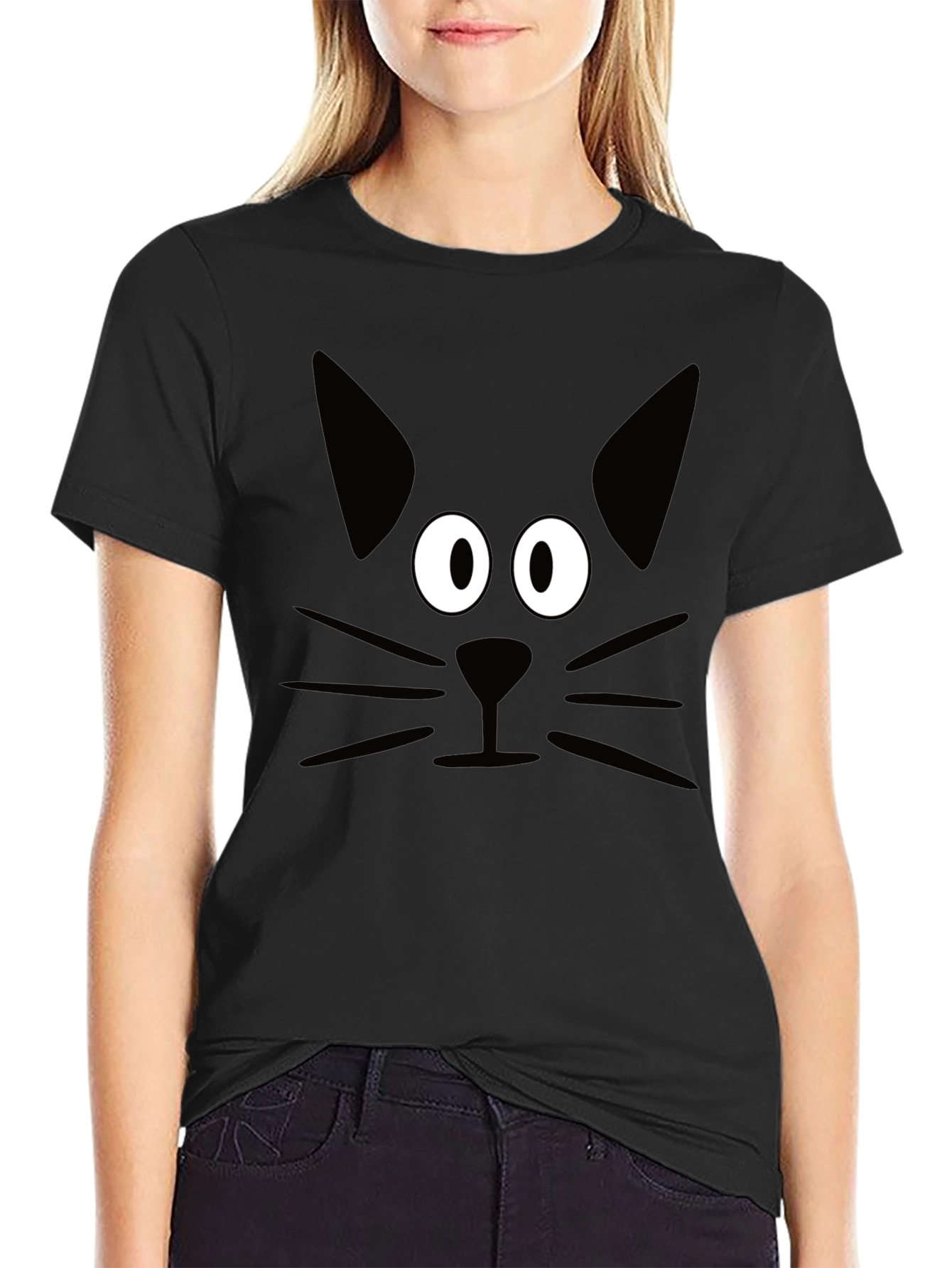 Black Black Cat Face Graphic T-Shirt view 2