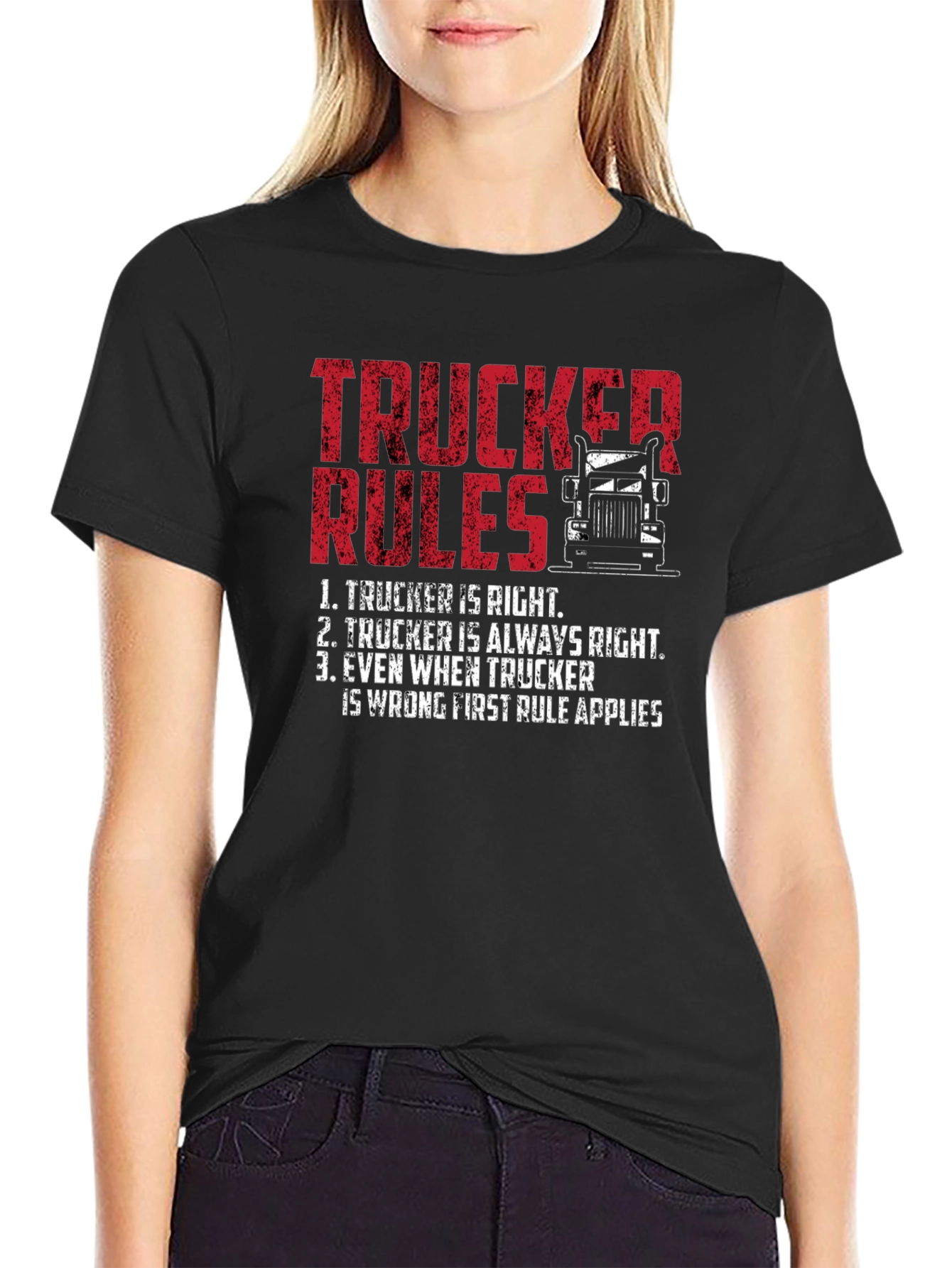 Black Trucker Rules Graphic Tee - Funny Truck Driver T-Shirt view 2