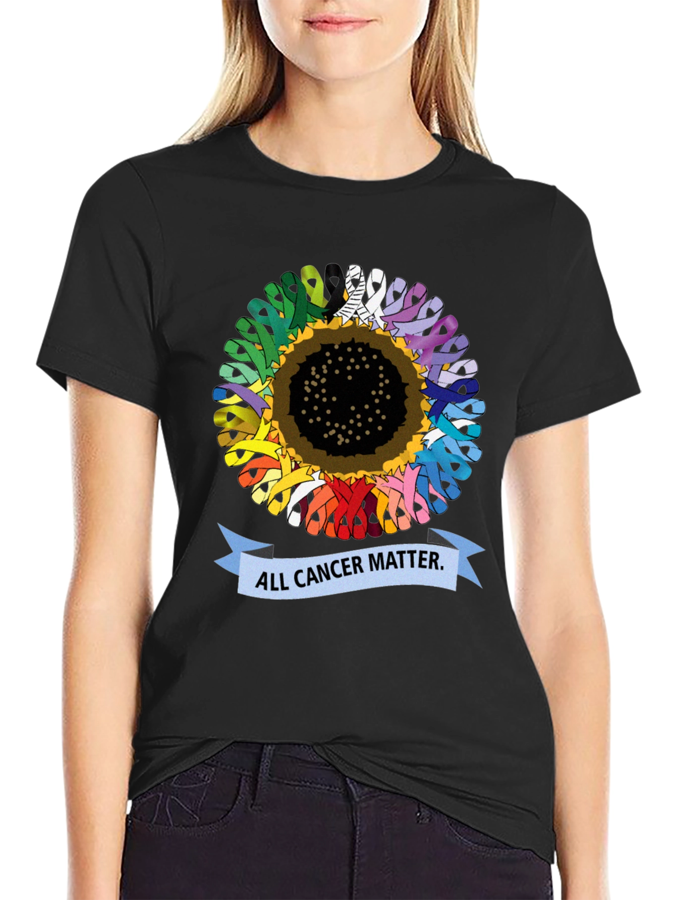 Black All Cancer Matter T-Shirt - Sunflower Ribbon Design view 2