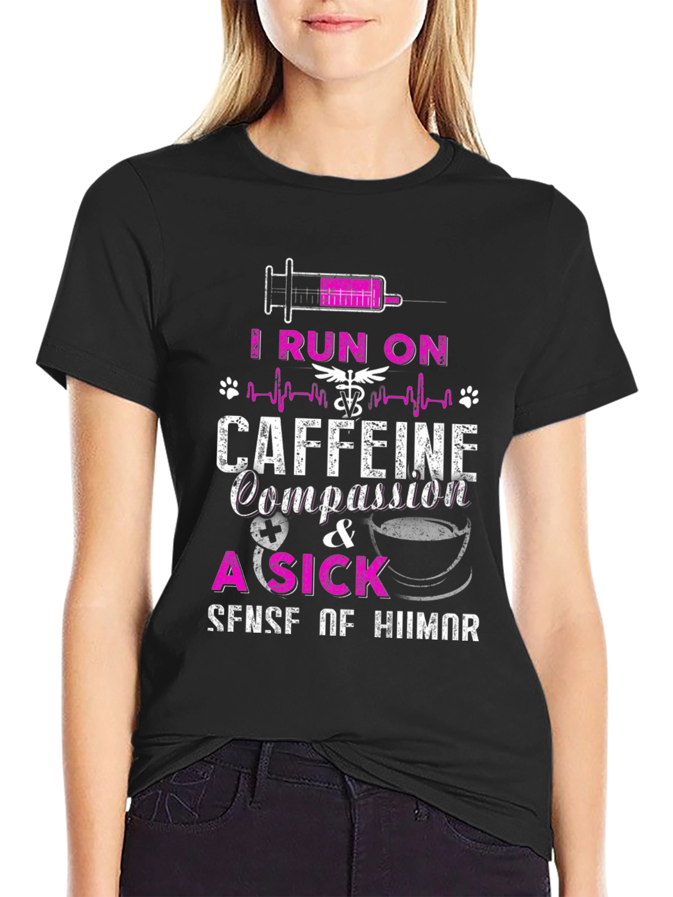 Black Funny Nurse/Vet Tech T-Shirt - I Run on Caffeine & Compassion view 2