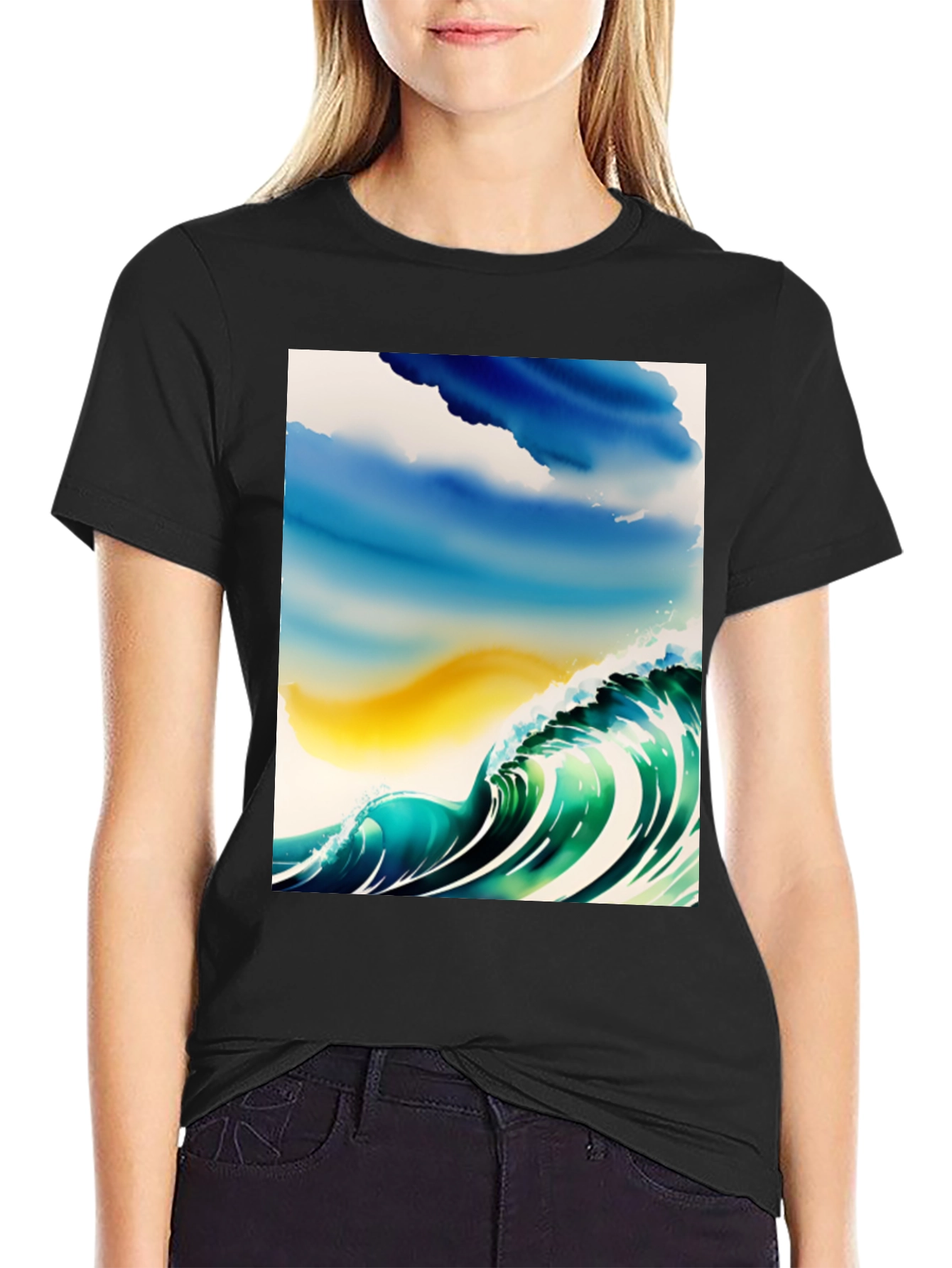 Black Wave Watercolor Graphic Tee - Black Cotton Casual view 2