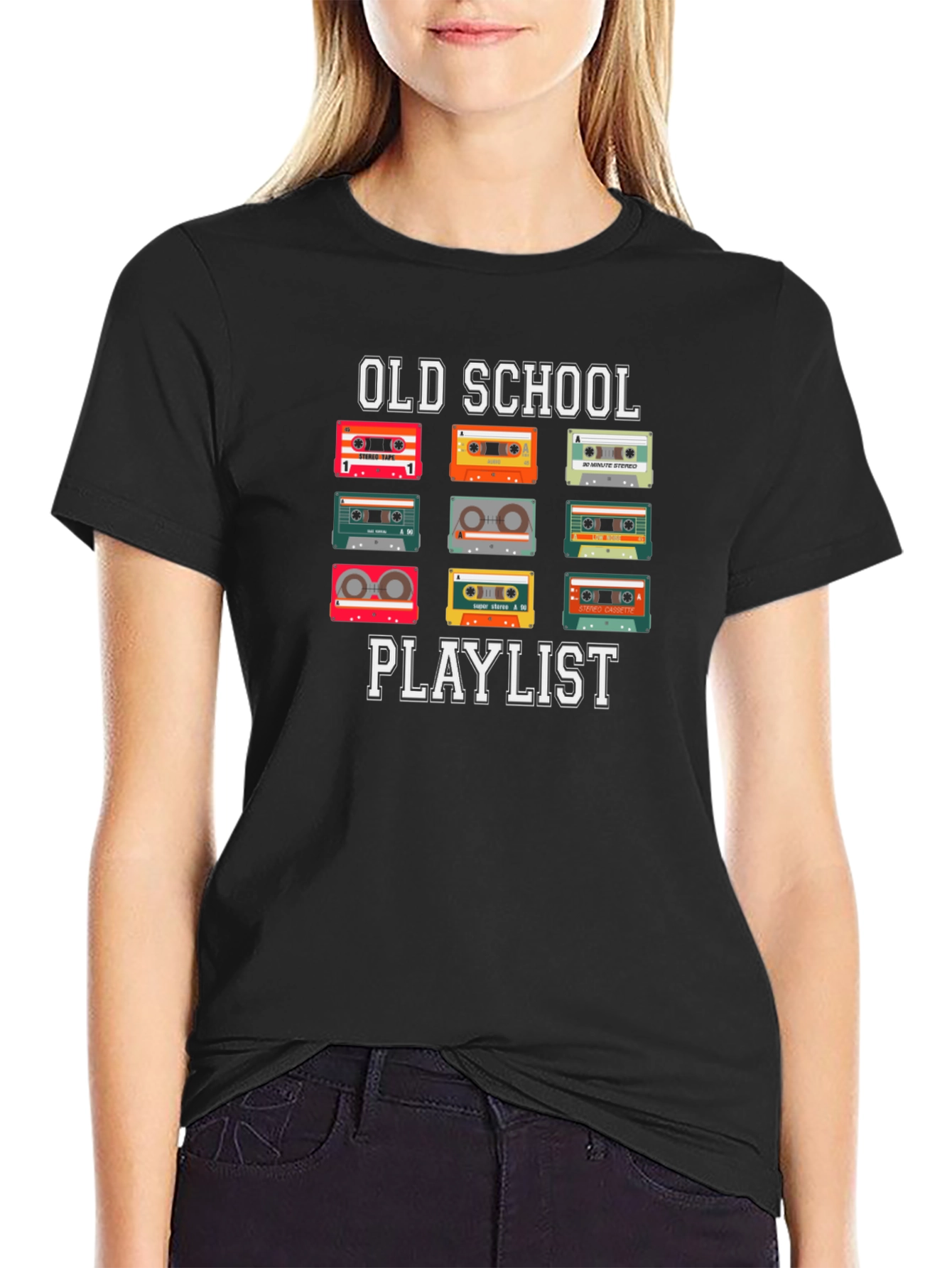Black Old School Playlist Cassette Tape T-Shirt view 2