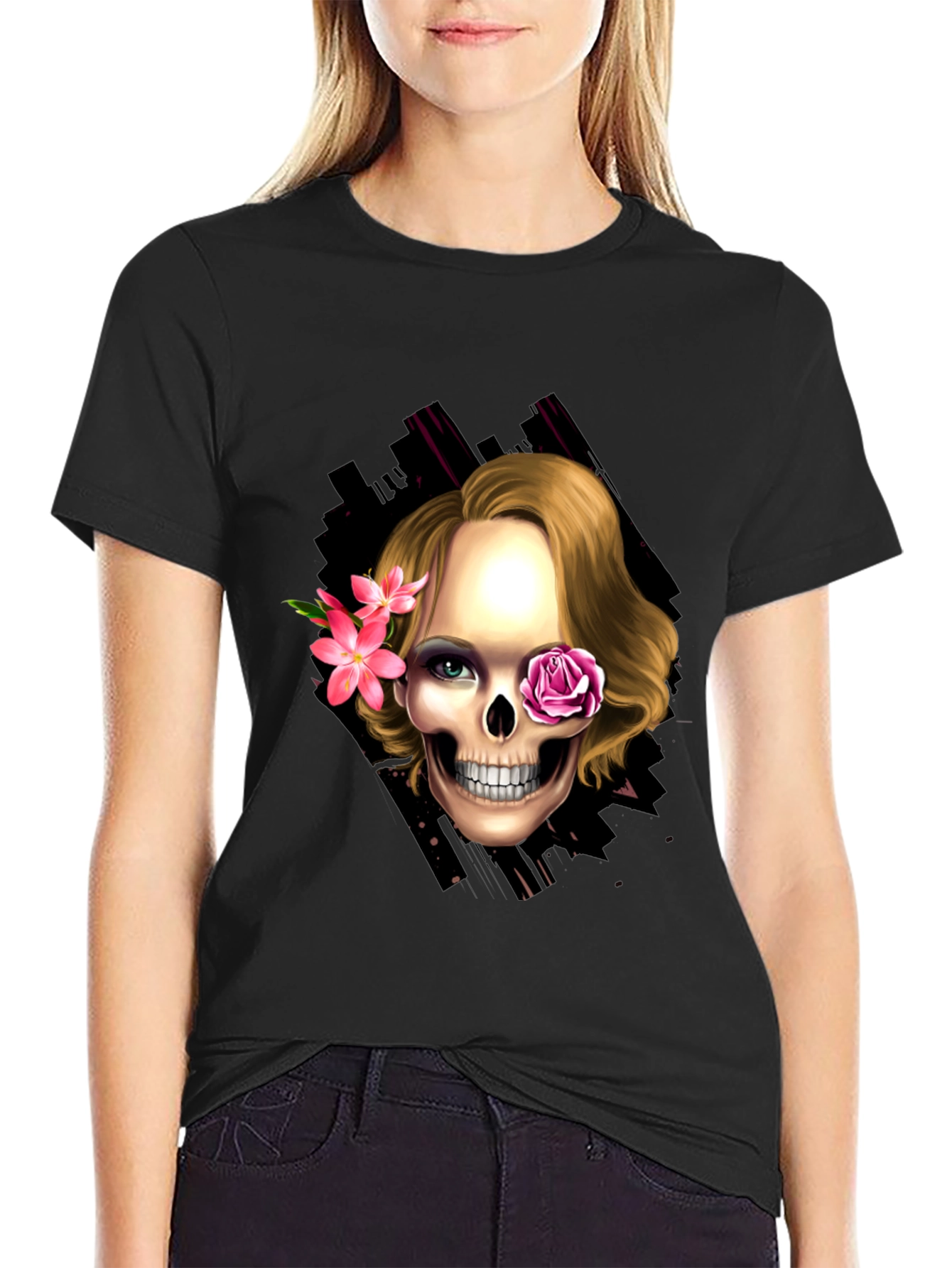 Black Skull & Flowers Graphic Tee - Trendy Halloween Style view 2