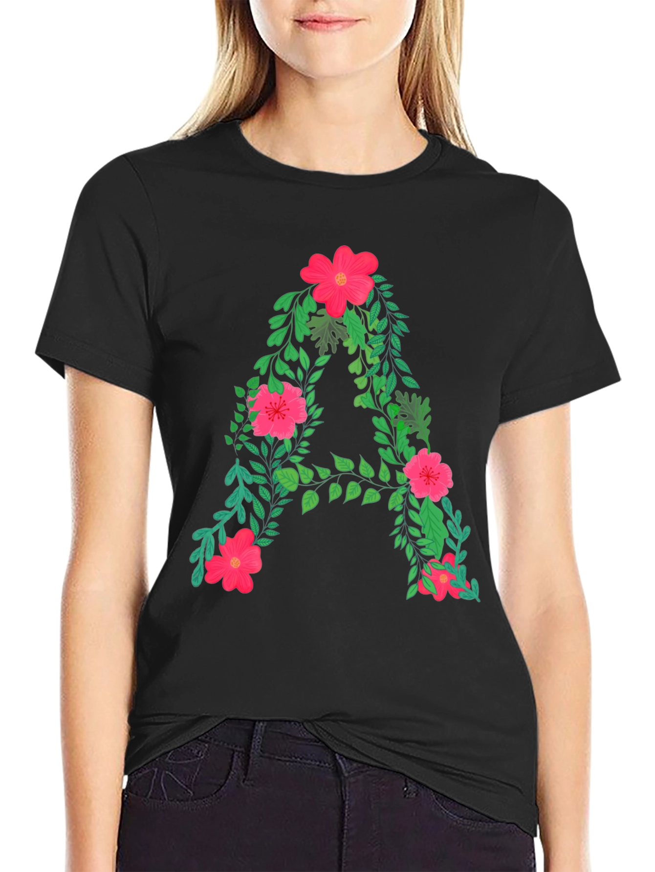 Black Floral Letter A Black T-Shirt view 2