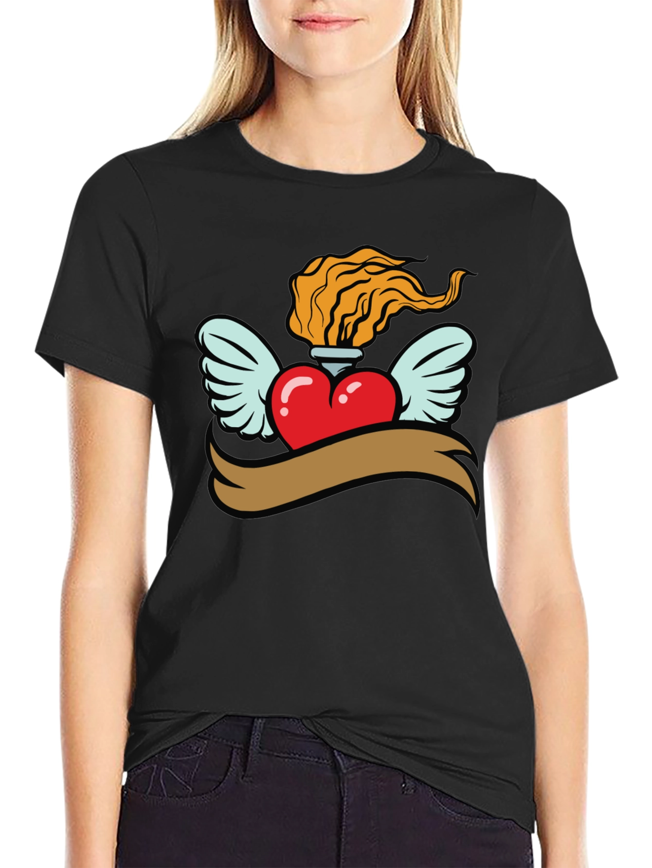 Black Heart with Wings & Flame Graphic Tee - Black view 2