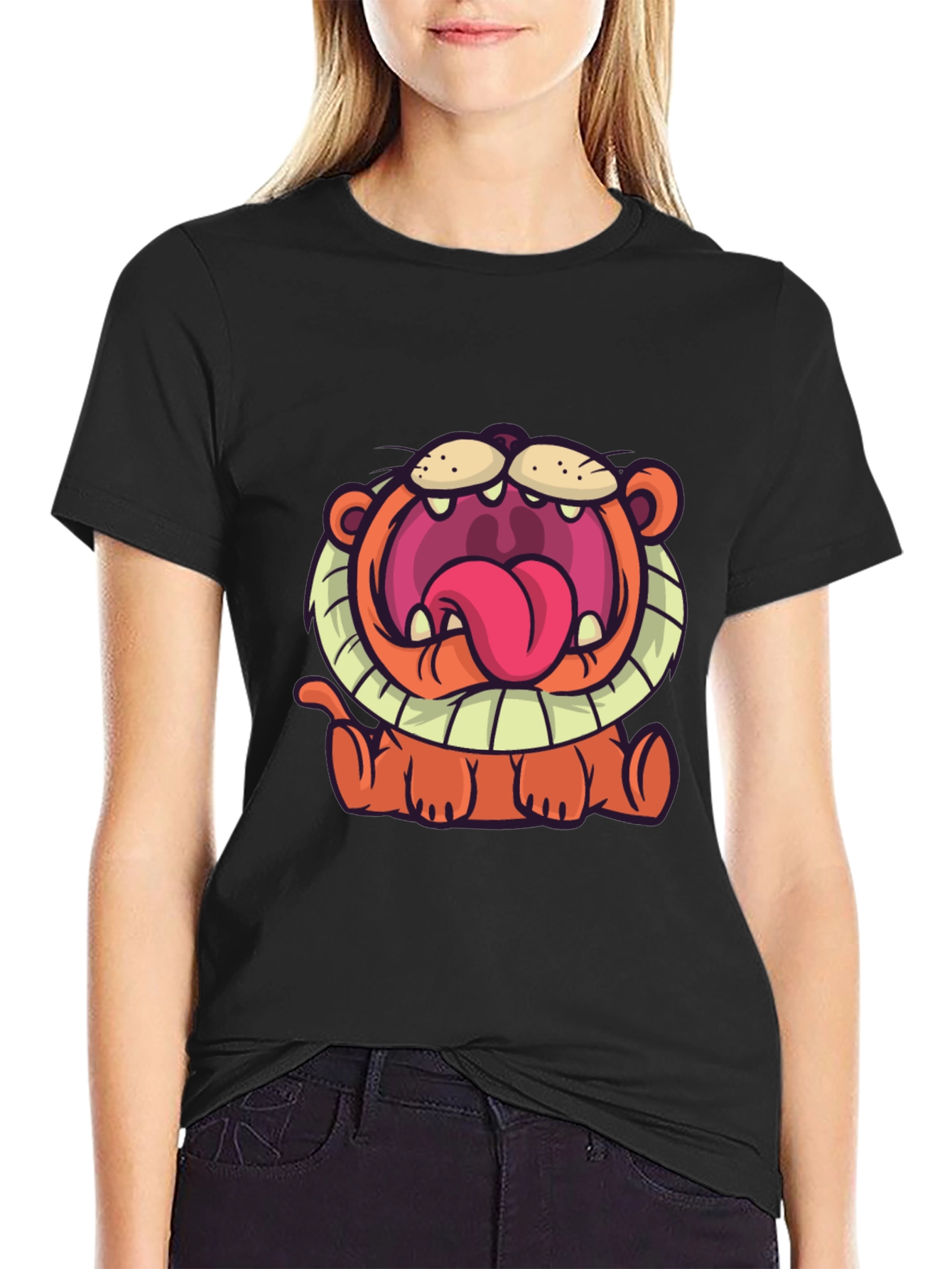 Black Cartoon Lion Graphic T-Shirt - Unisex Black Tee view 2