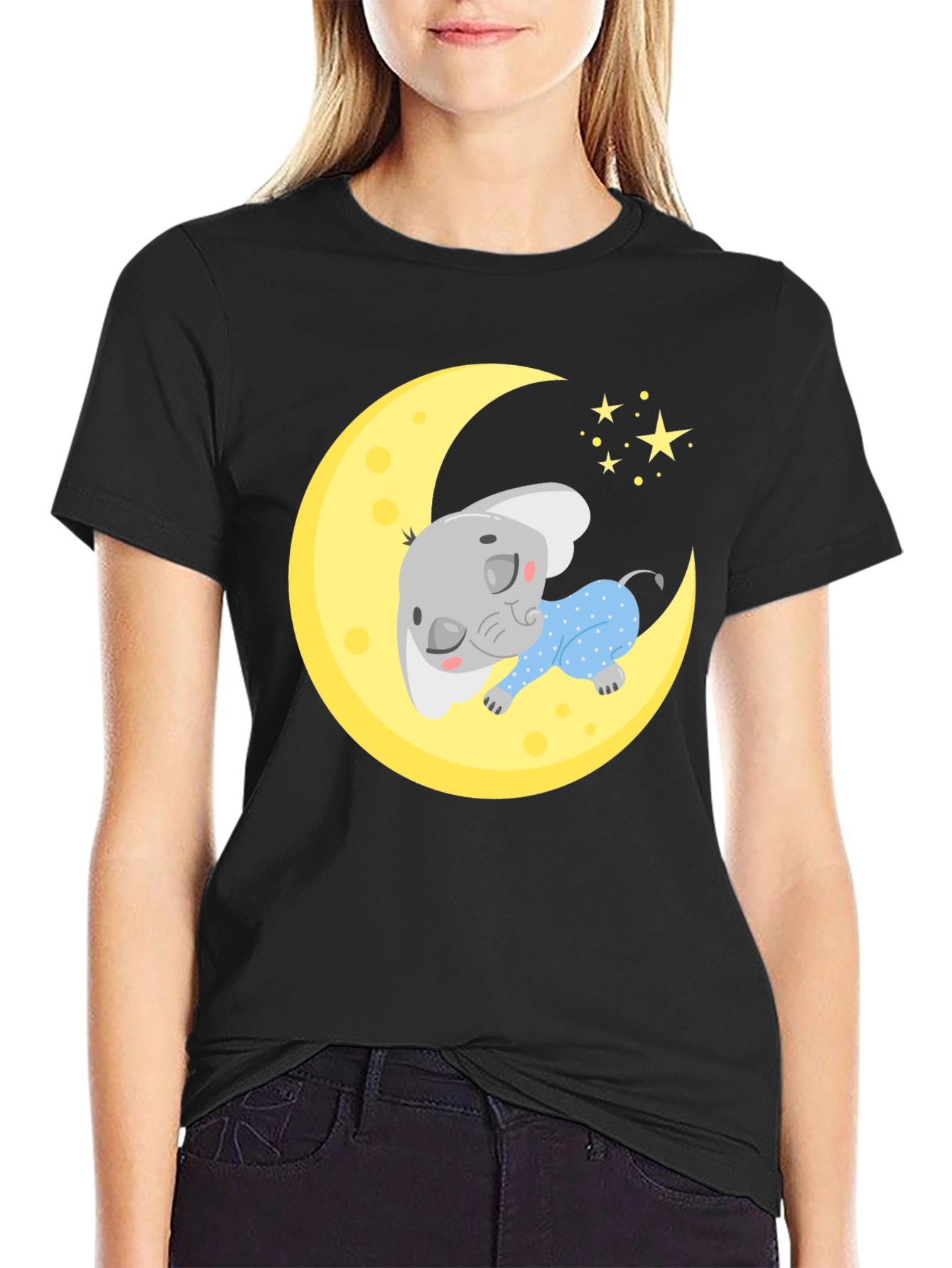 Black Cute Elephant On Moon Graphic Tee view 2