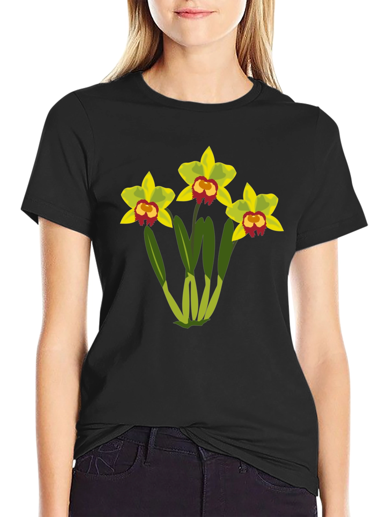 Black Floral Graphic T-Shirt - Black Cotton Tee with Orchid Design view 2