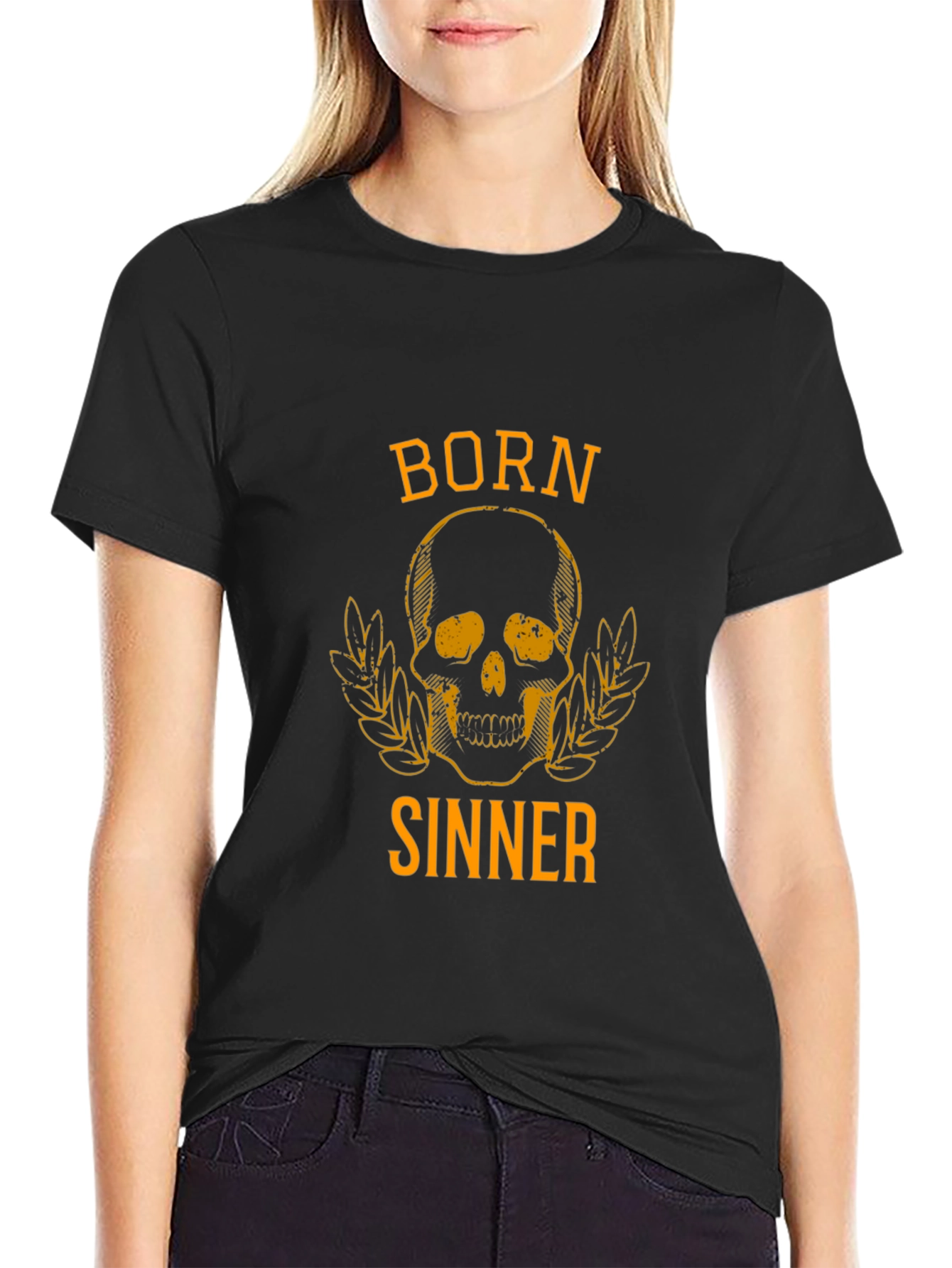 Black Born Sinner Graphic Tee - Black Cotton Skull T-Shirt view 2