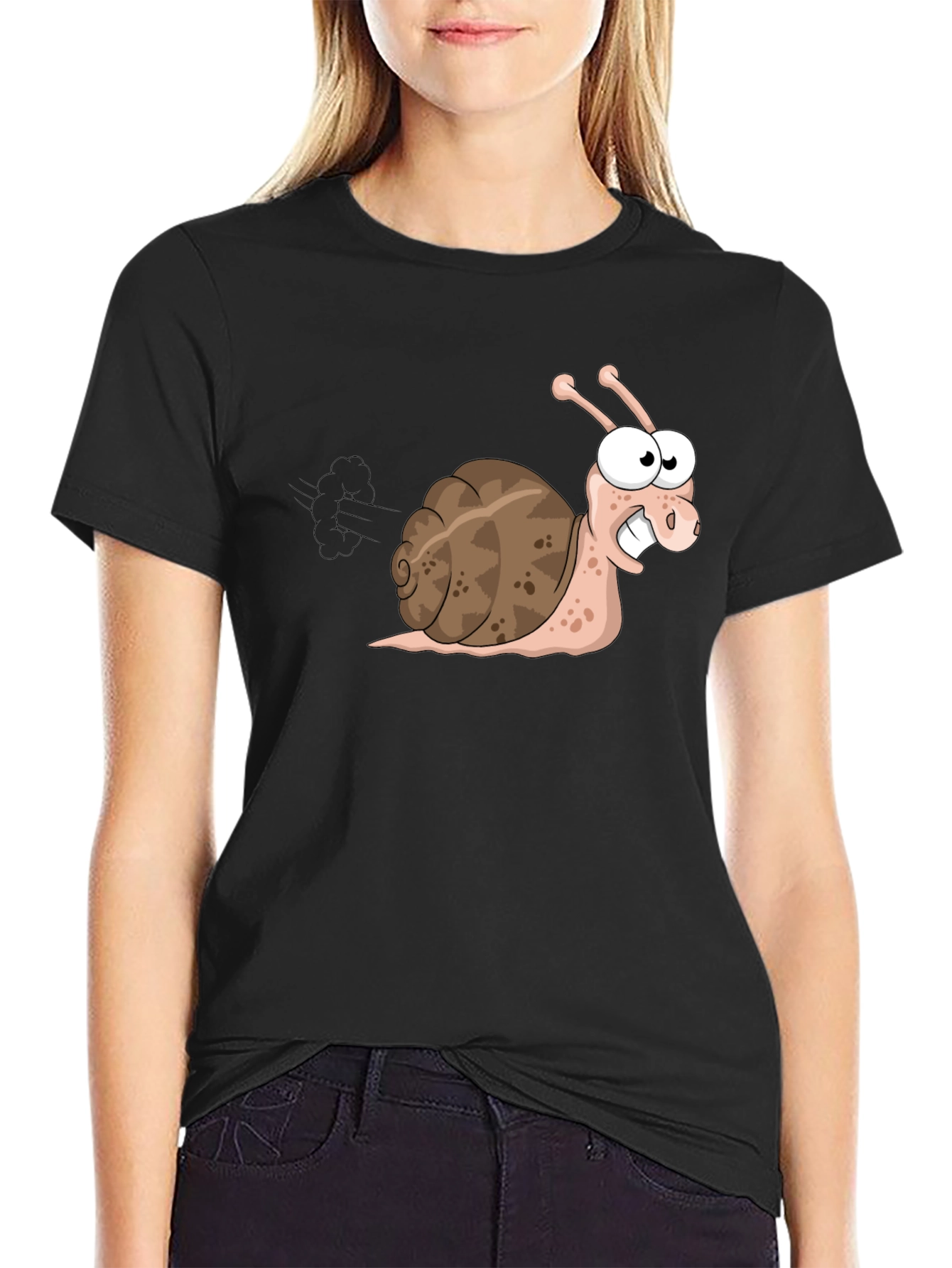 Black Funny Snail Cartoon Black T-Shirt view 2