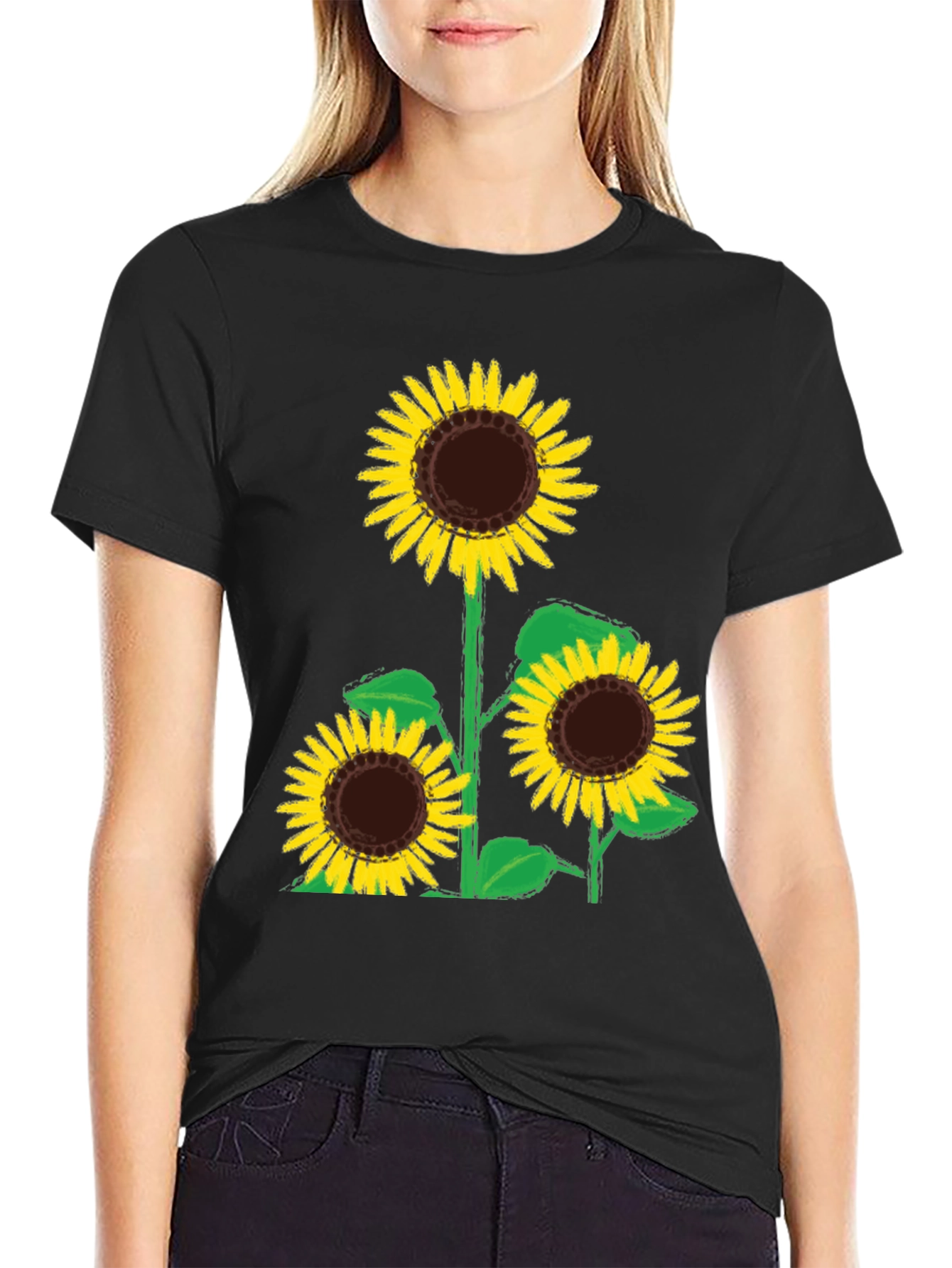 Black Sunflower Graphic Tee - Black Cotton T-Shirt view 2