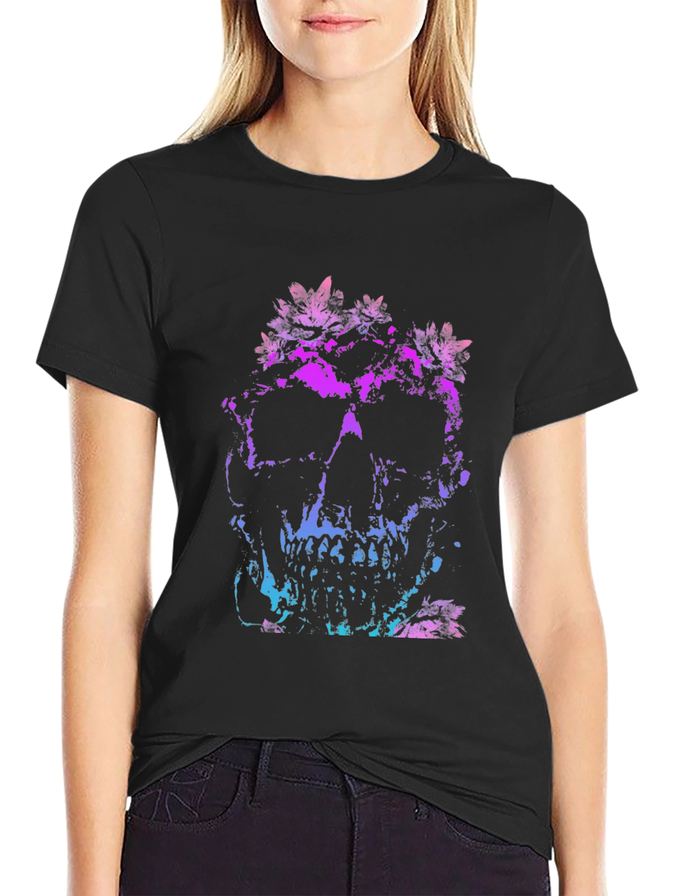 Floral Skull Graphic Black T-Shirt - 2