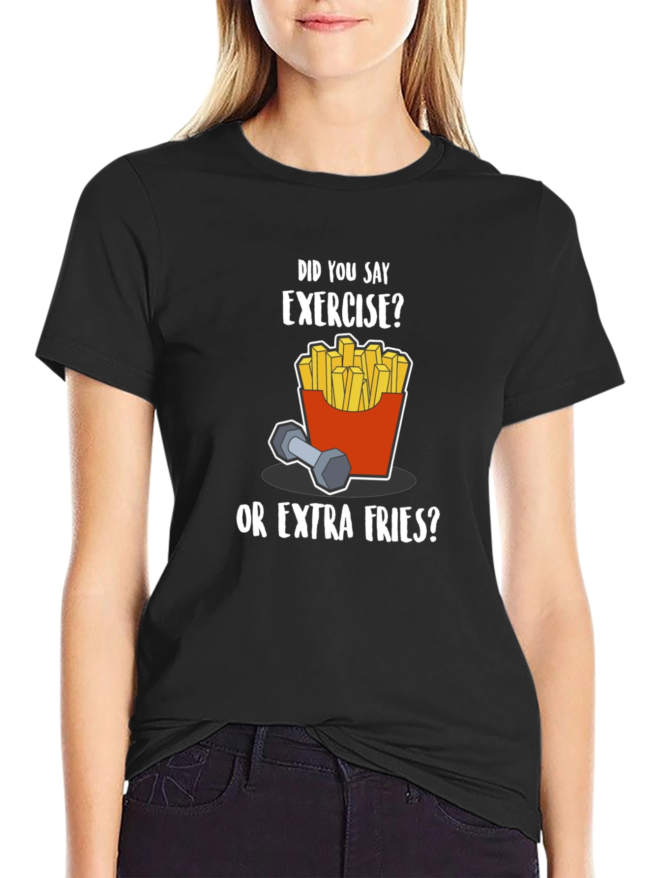 Black Funny Exercise Fries Graphic T-Shirt view 2