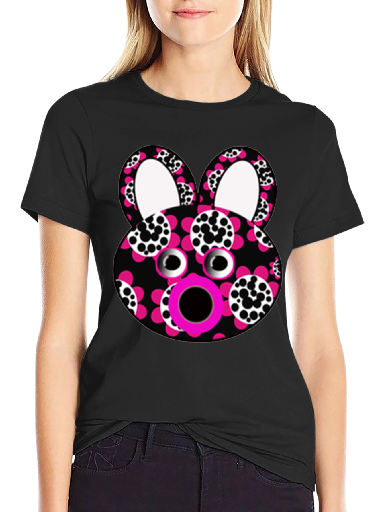 Black Funky Floral Bunny T-Shirt - Unique Graphic Tee view 2