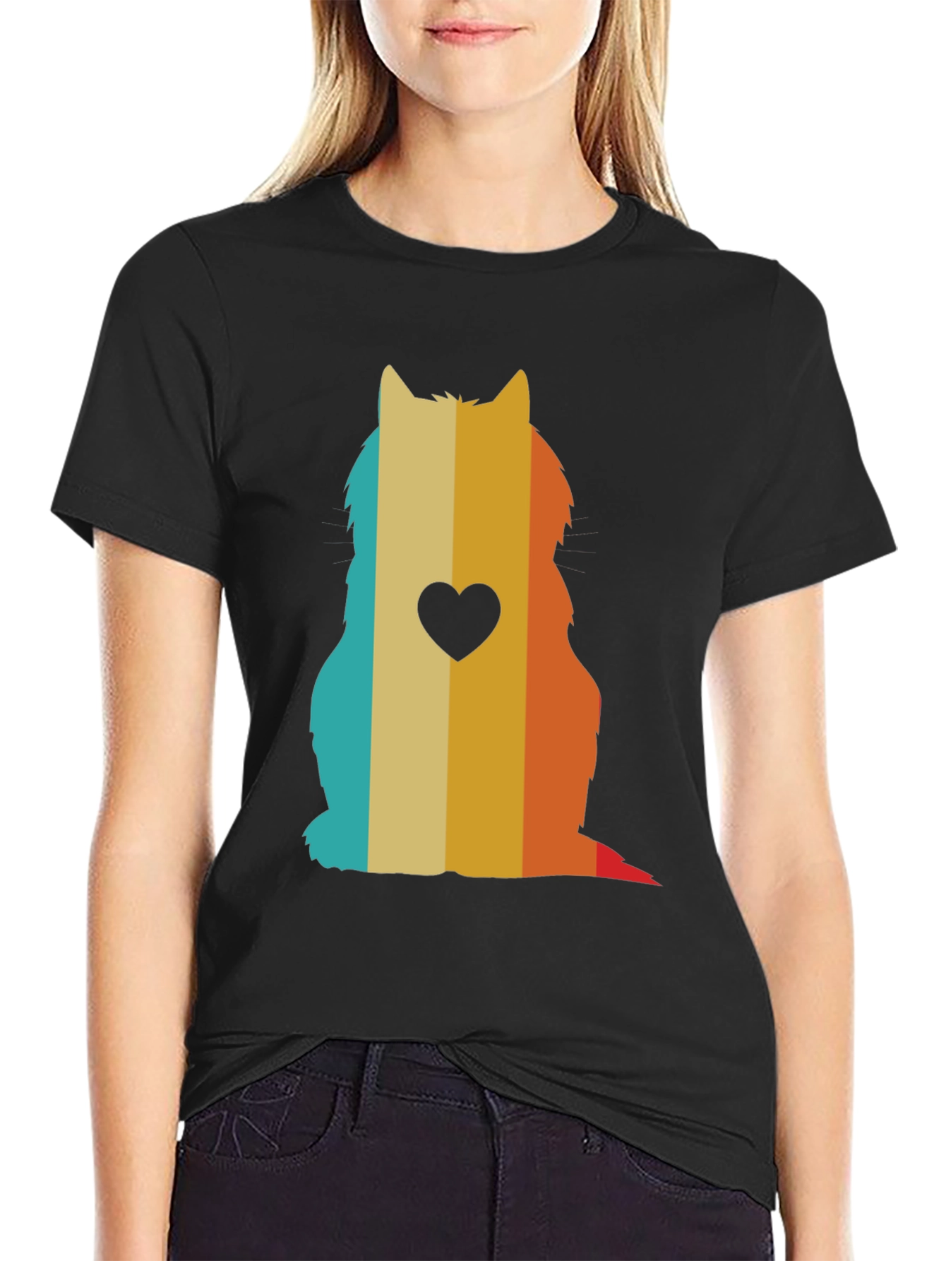Black Retro Cat Silhouette T-Shirt - Heart Accent view 2