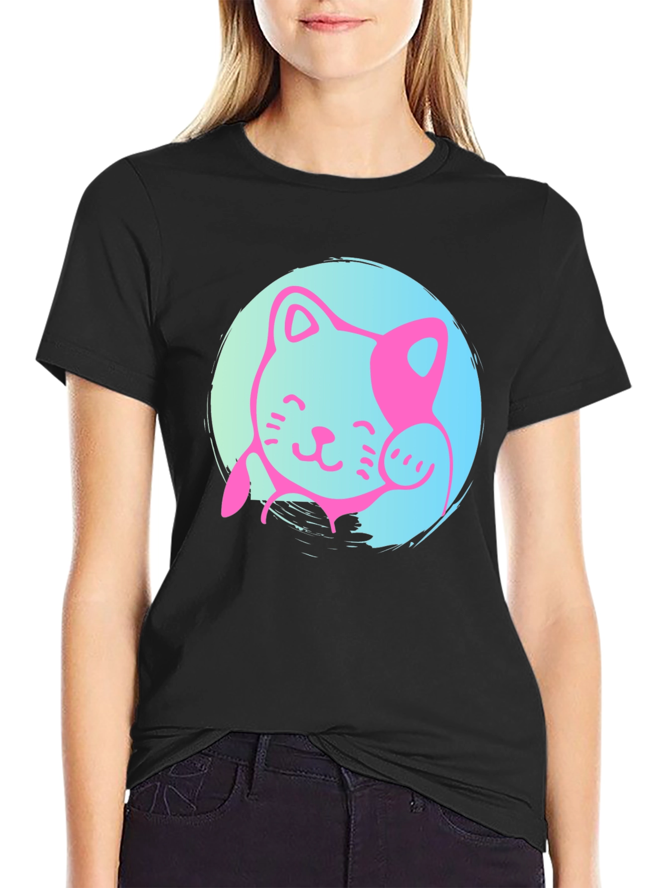 Black Lucky Cat Graphic Tee - Black Cotton Blend T-Shirt view 2