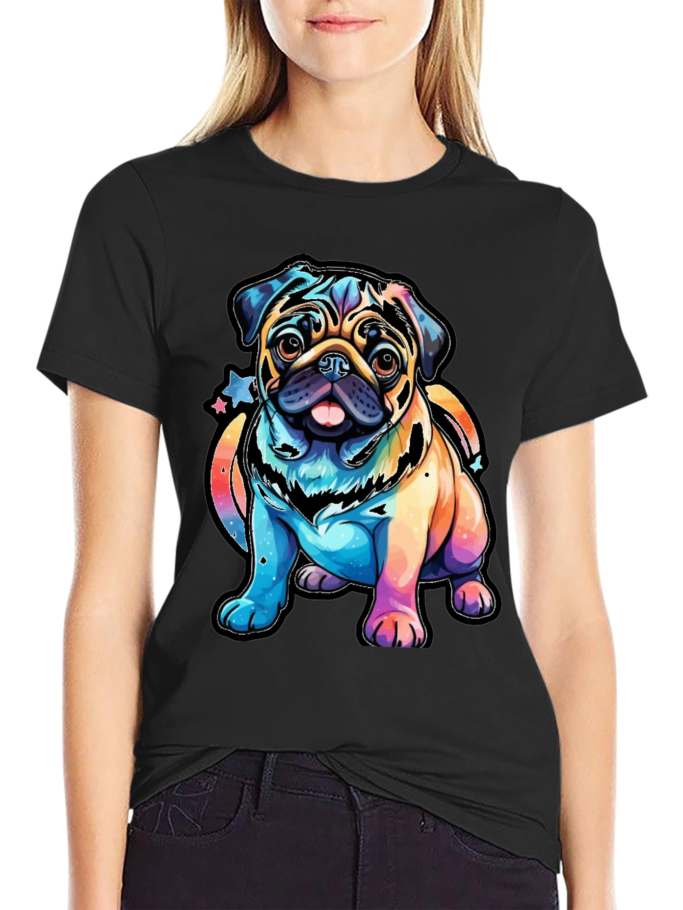 Black Colorful Pug Dog Graphic T-Shirt view 2