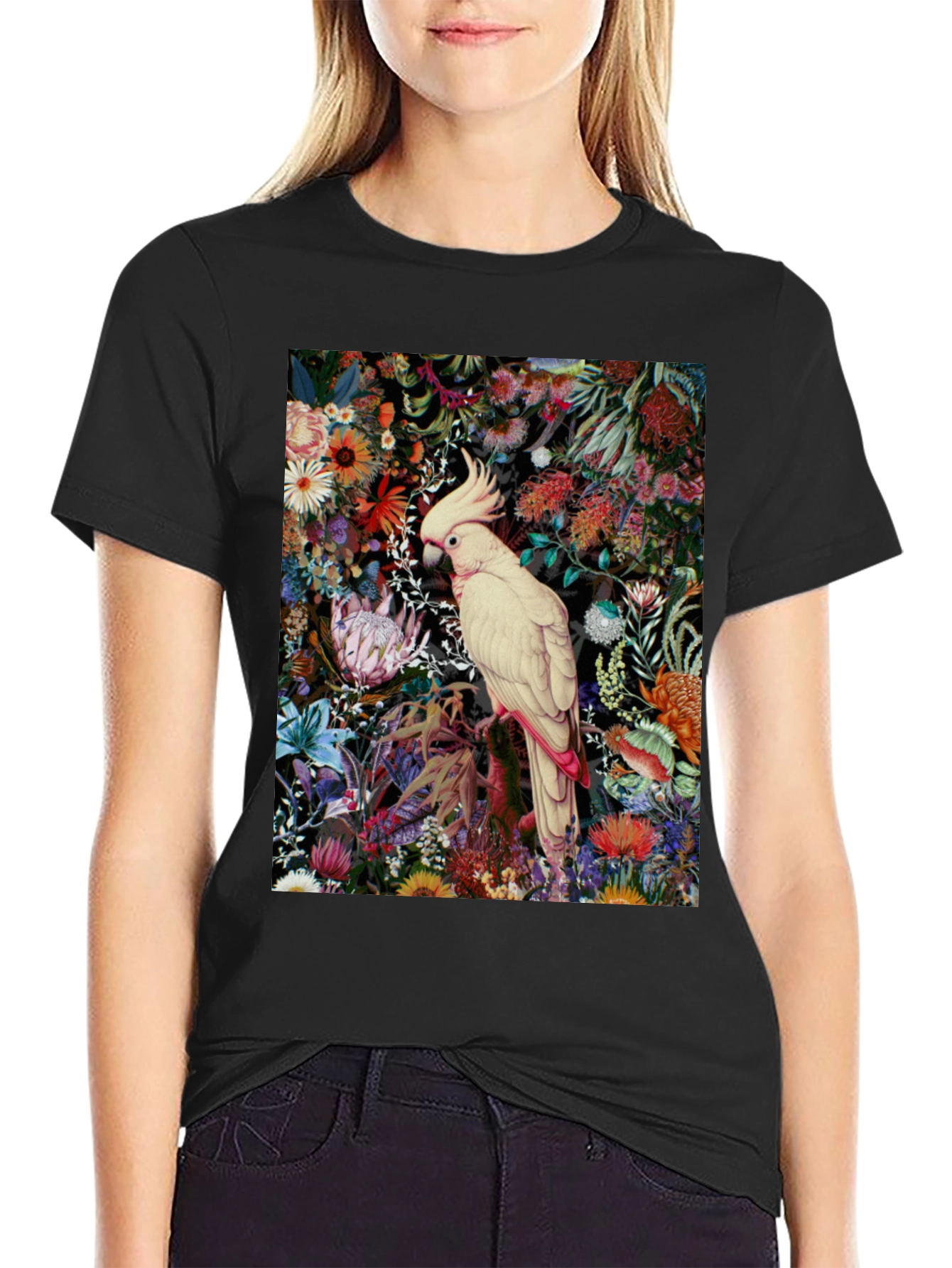 Black Floral Cockatoo Print Tee - Unique Graphic T-Shirt view 2